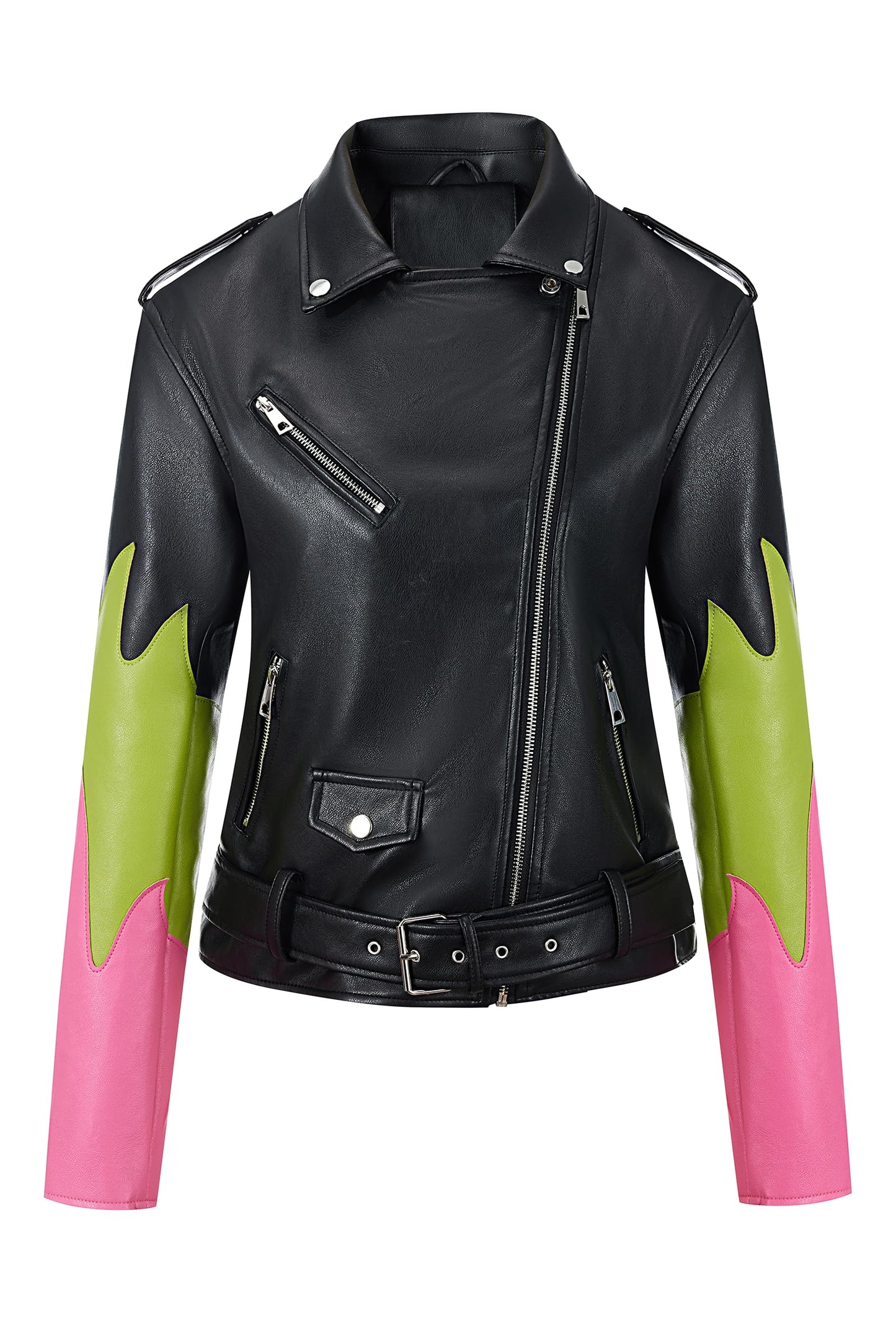 Bellivera Women's Faux Leather Color-Block Moto Zip Jacket Black M