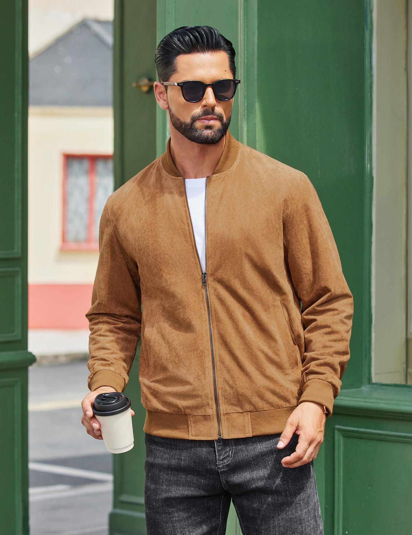 COOFANDY Lightweight Jackets Bomber Suede Jackets Casual Varisty Jackets Vintage Faux Leather Jacket, Light Brown, Large
