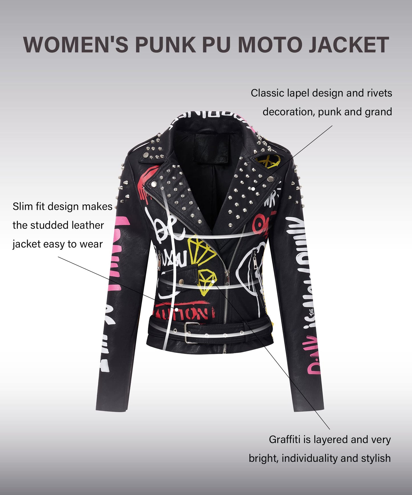 RISISSIDA Studded Leather Jacket Women Moto Motorcycle Faux Leather Short Coat Black 0480 M
