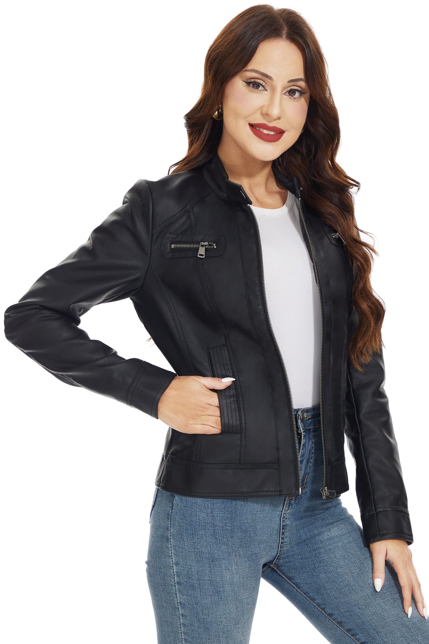 Fahsyee Women's Faux Leather Jackets, Zip Up Motorcycle Short PU Moto Biker Outwear Stand Collar Coat Size S Black