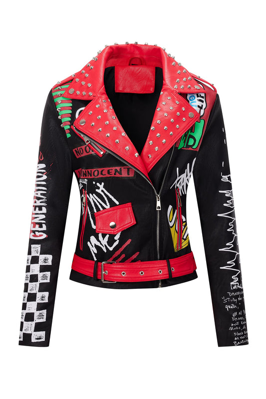 RISISSIDA Women Faux Leather Studded Moto Jacket Belted,Black-red,79,S