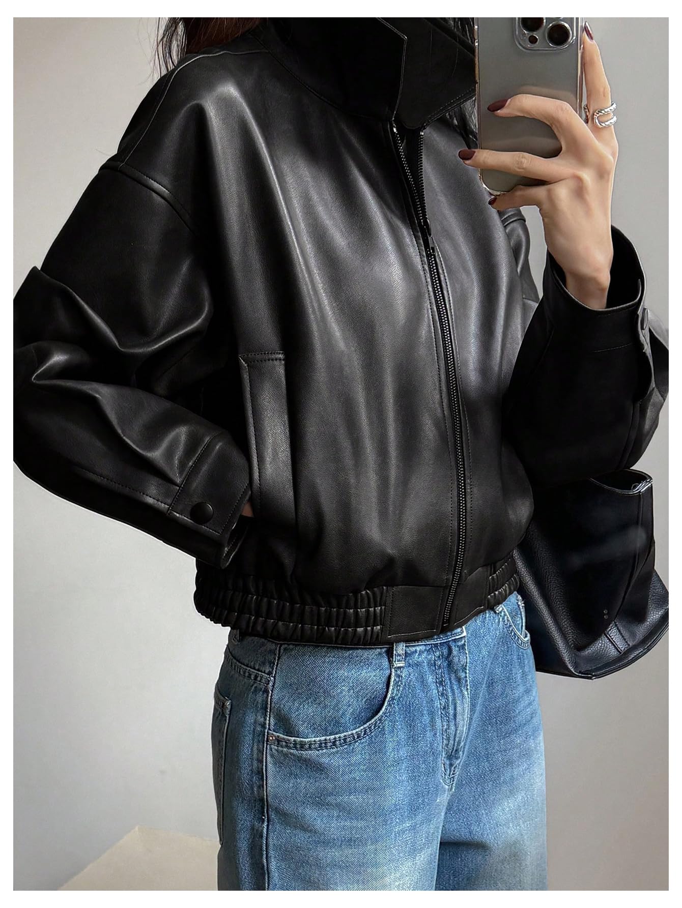 Milumia Women's Faux Leather Zip Up Jacket Vintage Collared Long Sleeve Motorcycle Jackets Black Small