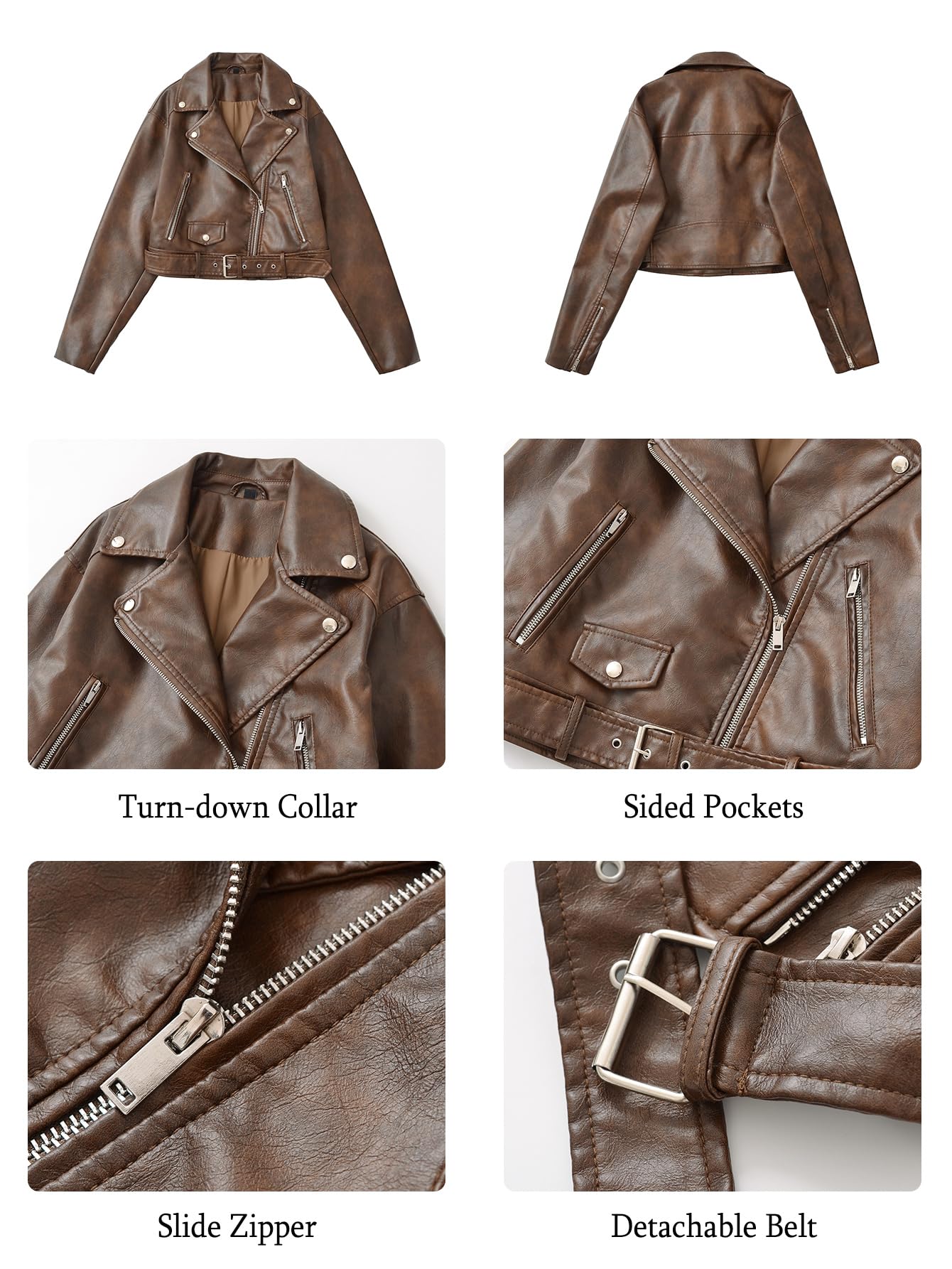 LY VAREY LIN Women Faux Leather Cropped Jacket Lapel Zipper Biker Short Coat with Belt