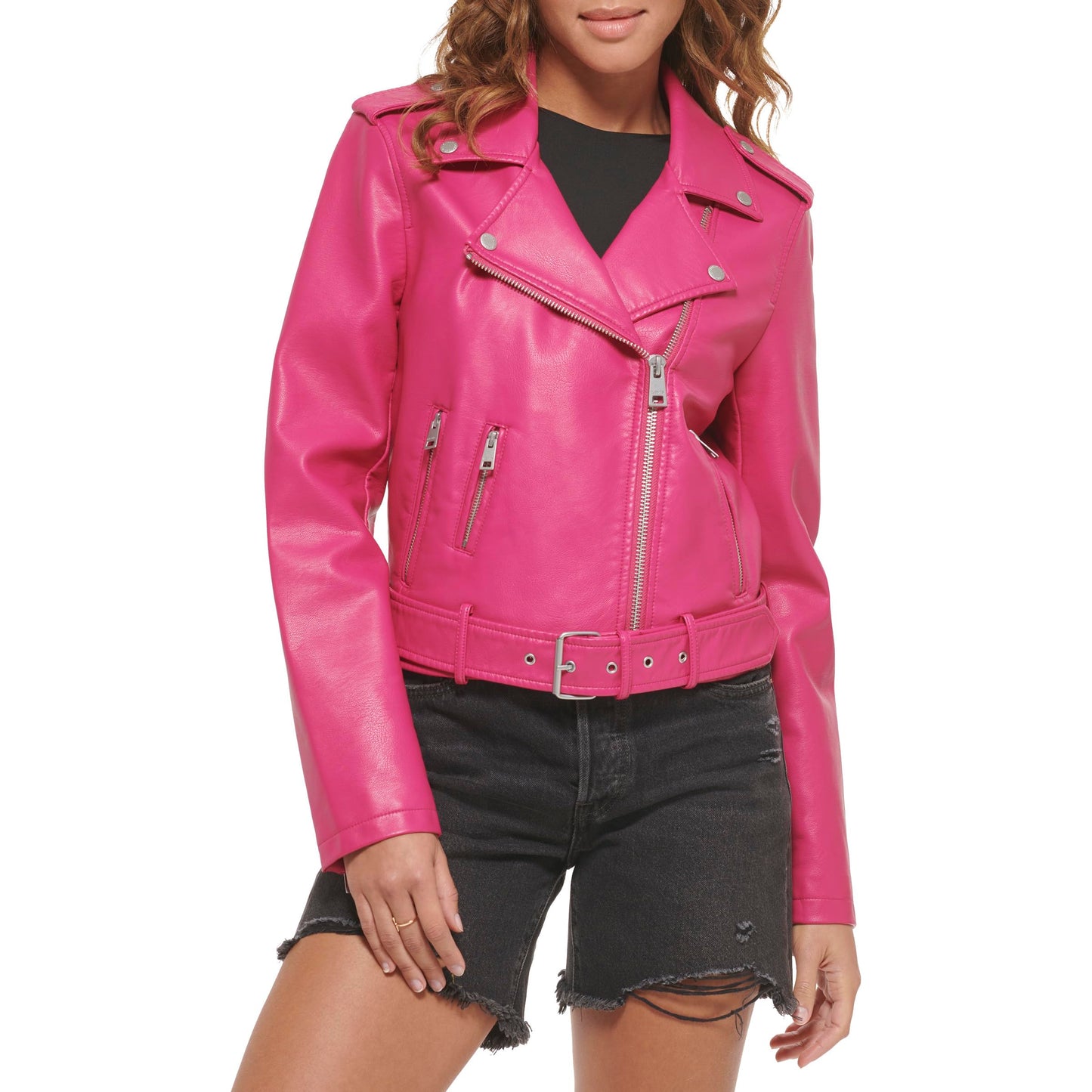 Levi's Women's Faux Leather Belted Motorcycle Jacket (Standard and Plus Sizes), Berry Pink, Medium