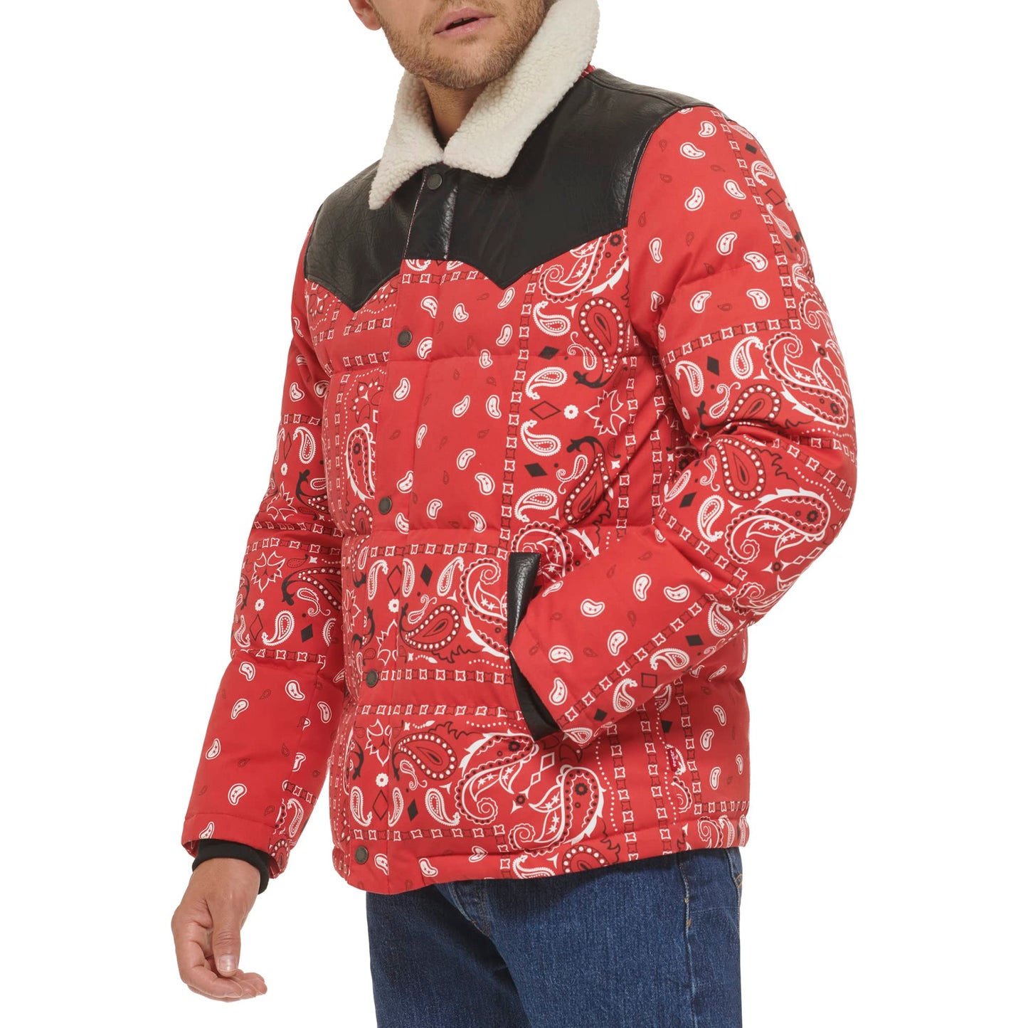Levi's Men's Levi's Men's Out West Mixed Media Puffer Vest, Red Bandana Print Puffer, Small