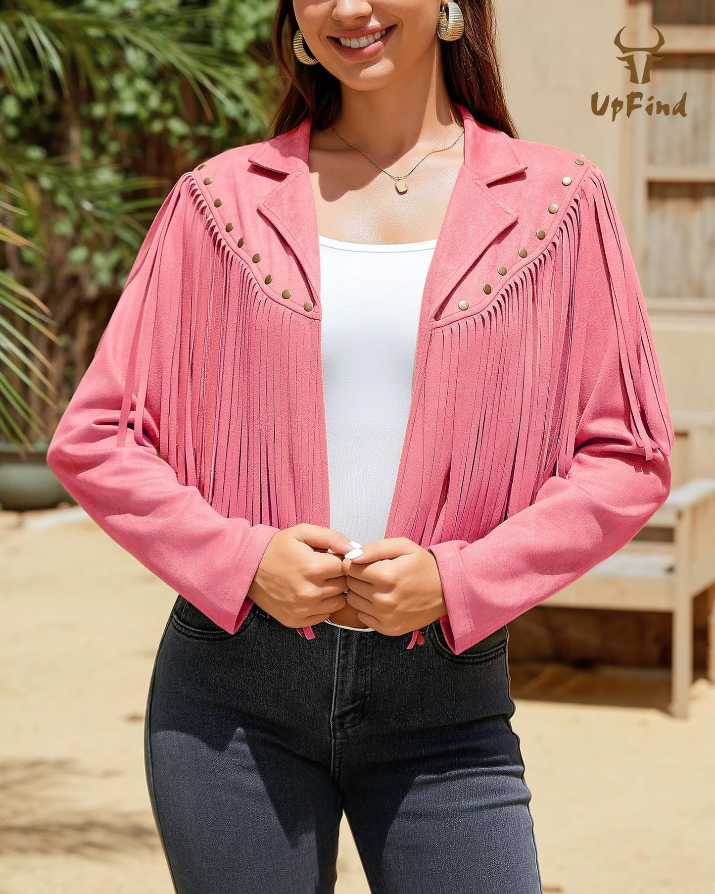 UpFind Women's Fringe Faux Suede Leather Jackets Fashion Fall Western Tassel Motorcycle Cropped Open Front Coats with Rivets, Rose Pink/Medium