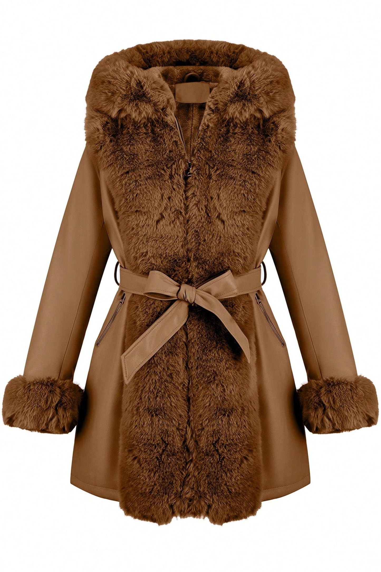 RISISSIDA Luxurious Fur Lined Faux Leather Jacket Women Winter Coat Hood Long Fur Collar Cuffs Zipper Up Pockets,Thick Warm Heavy Overcoat Belted Camel M