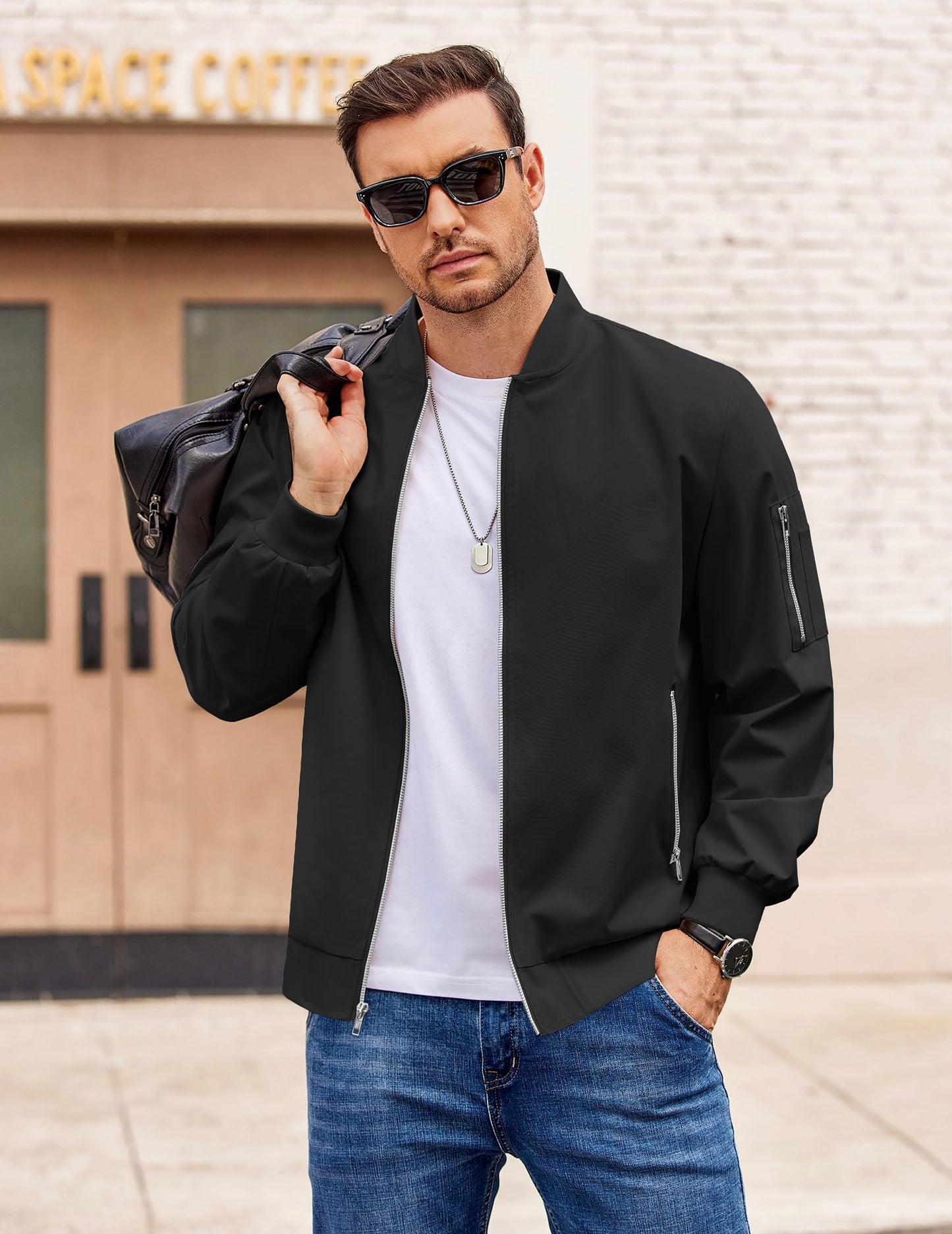 COOFANDY Black Bomber Jacket Lightweight Casual Windbreaker Spring Fall Zip Up Jackets Polyester Coat With Pocket L