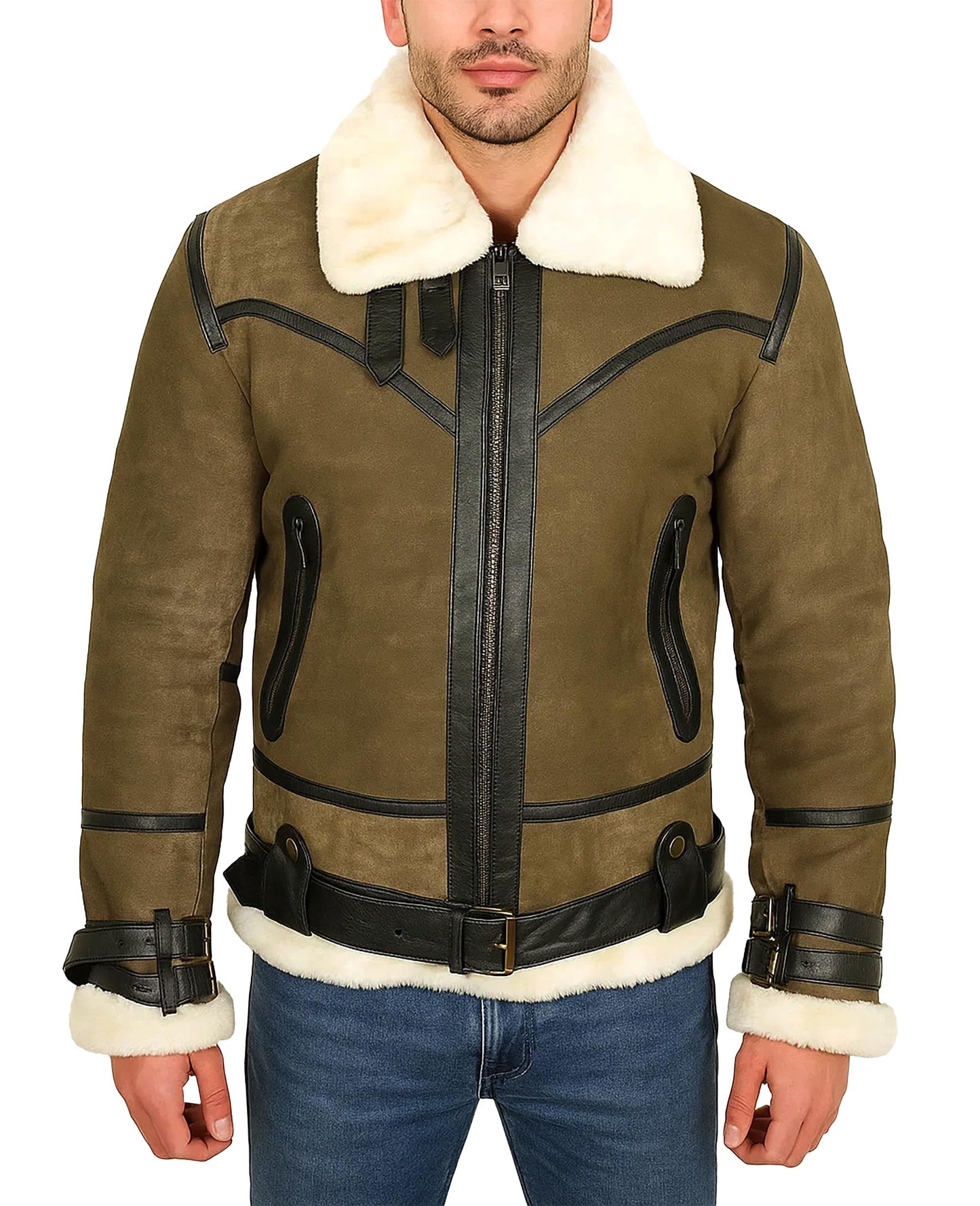 Aviator Bomber Synthetic Fur Shearling Jacket - Mens RAF B3 Bomber Ginger Sheepskin Leather Jacket Olive