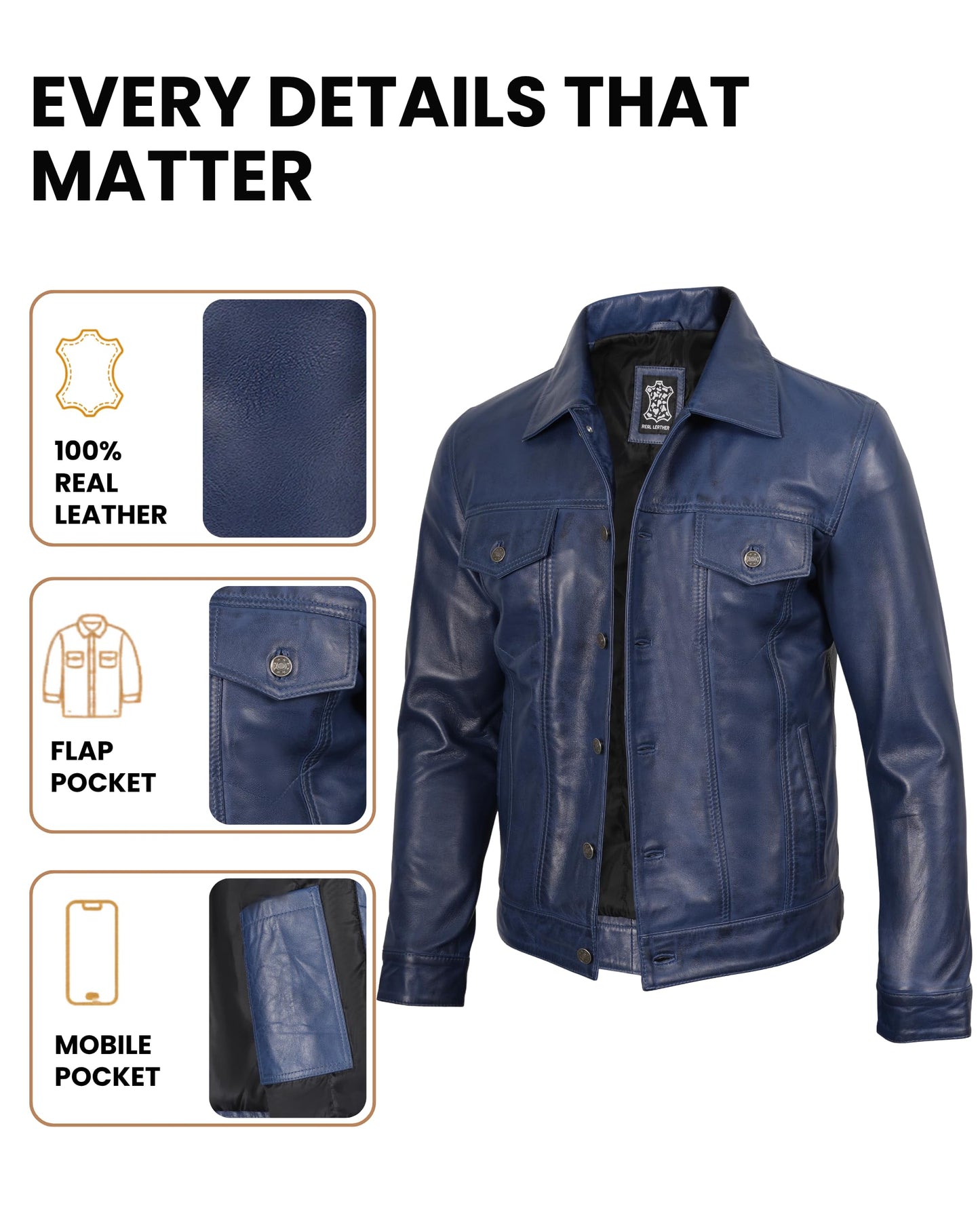 Decrum Men's Leather Jackets Shirt Vintage Collar | [1107333] Blue Frnando, M