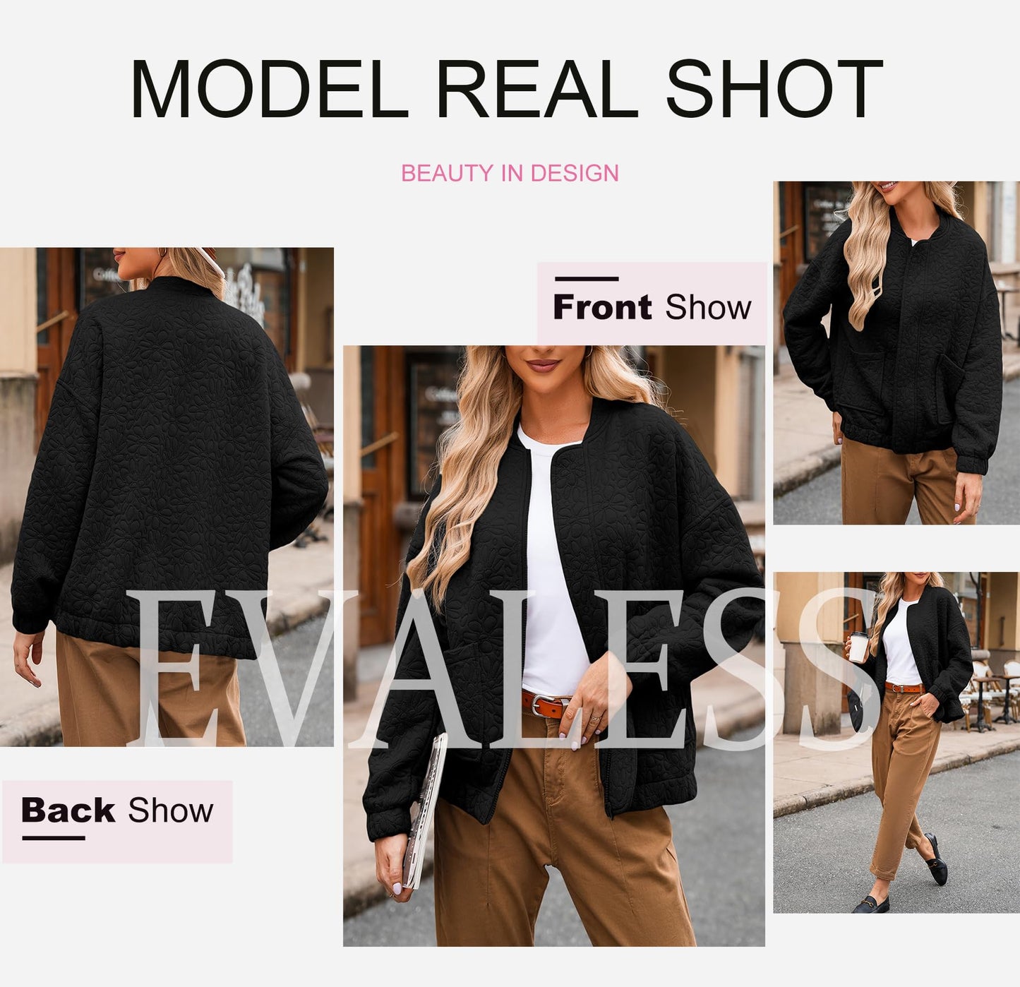 EVALESS Spring Bomber Jacket for Women Dressy Casual Summer Clothes Trendy 2025 Teacher Outfits Cute Jacquard Jackets Long Sleeve Zip Up Cropped Black Jeacket Lightweight Coat with Pockets, Medium