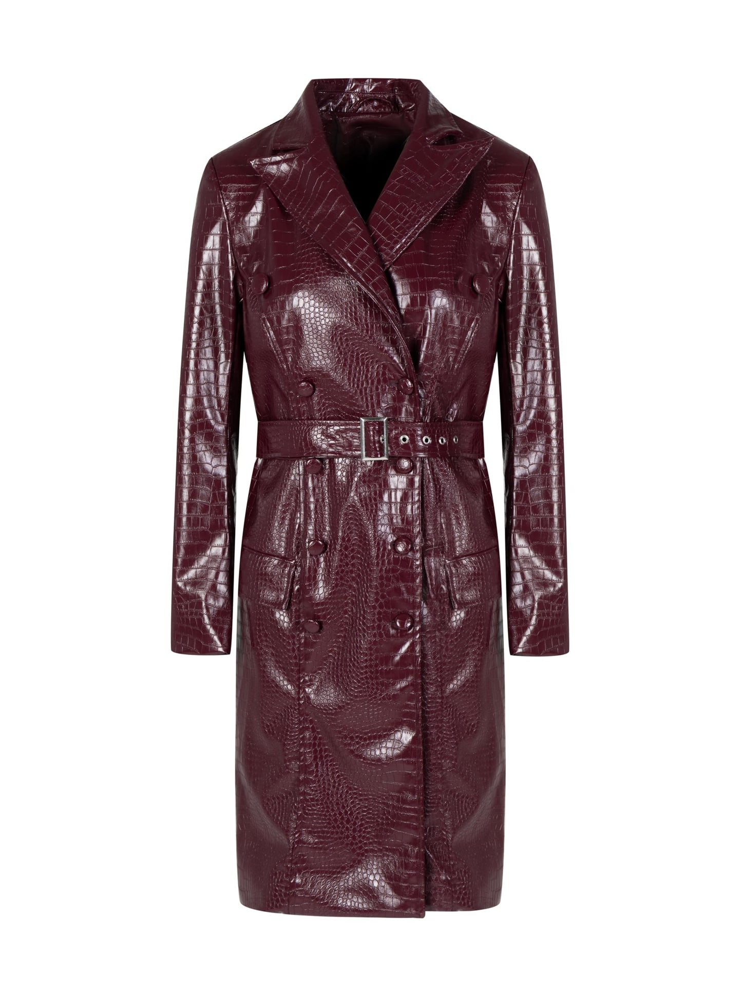 SS-Sunrise Fashion Womens Long Leather Jackets Burgundy Trench Coat Blazer Lapel Button Open Front Faux Motorcycle Jackets Coat with Belt (Large, Red)