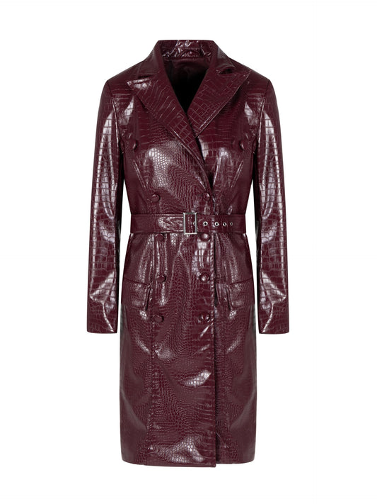SS-Sunrise Fashion Womens Long Leather Jackets Burgundy Trench Coat Blazer Lapel Button Open Front Faux Motorcycle Jackets Coat with Belt (Large, Red)