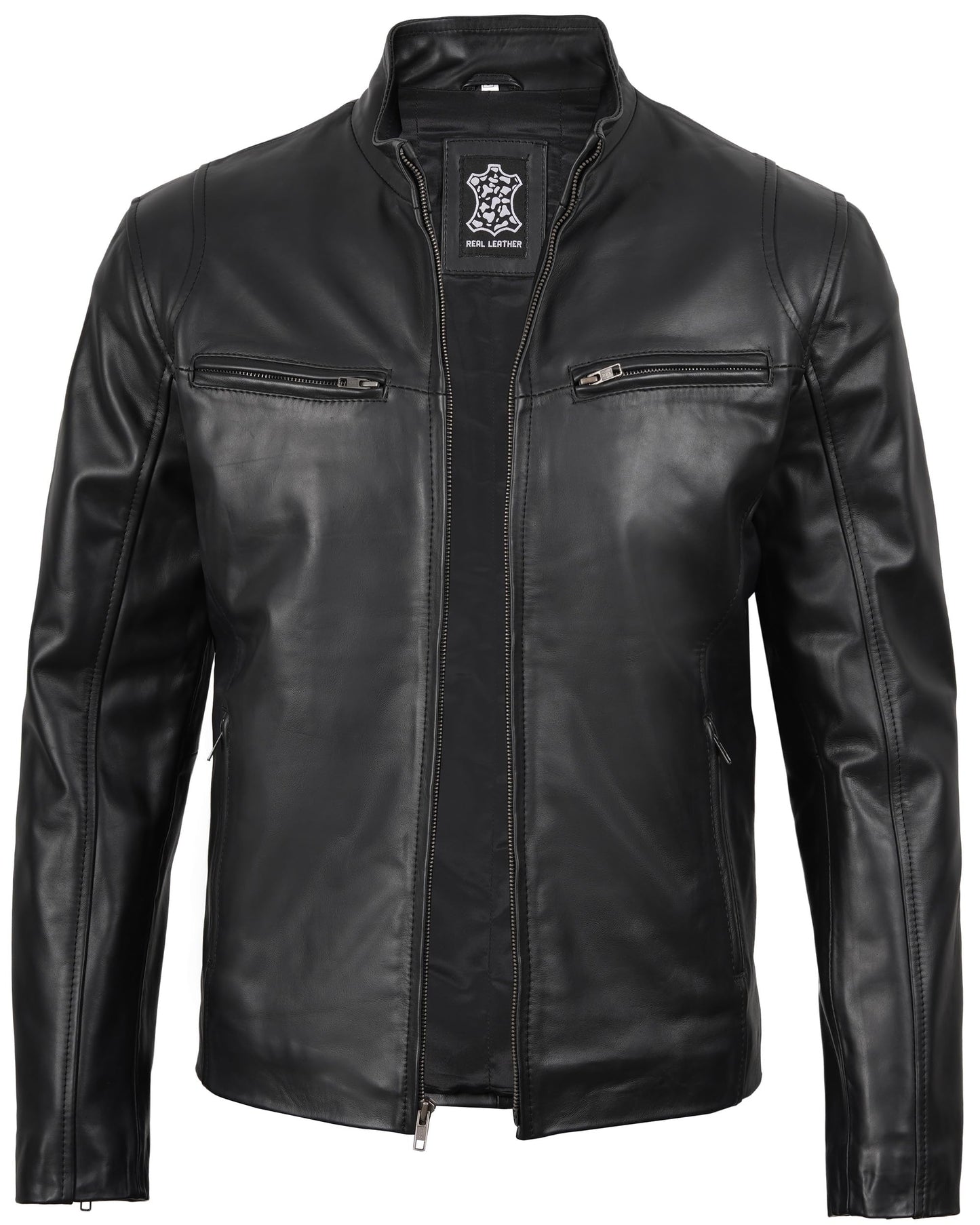 Decrum Cafe Racer Leather Jacket - Black Leather Jacket Men | [12330302] Clintn Blck Cowhide, S