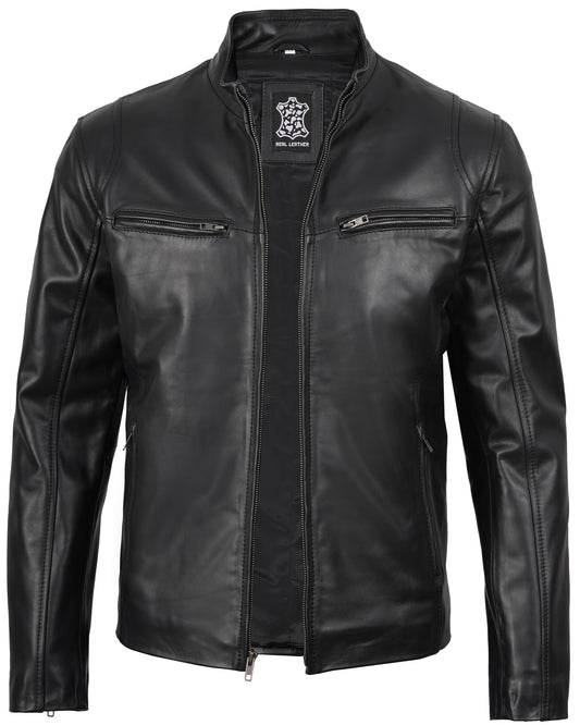 Decrum Cafe Racer Leather Jacket - Black Leather Jacket Men | [12330302] Clintn Blck Cowhide, S