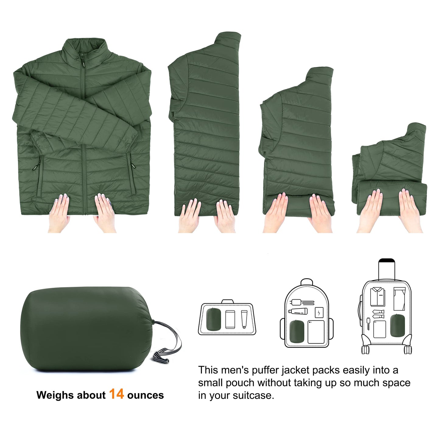 Outdoor Ventures Men's Lightweight Packable Puffer Winter Jacket Insulated Puffy Coat for Snow Ski Hiking Travel