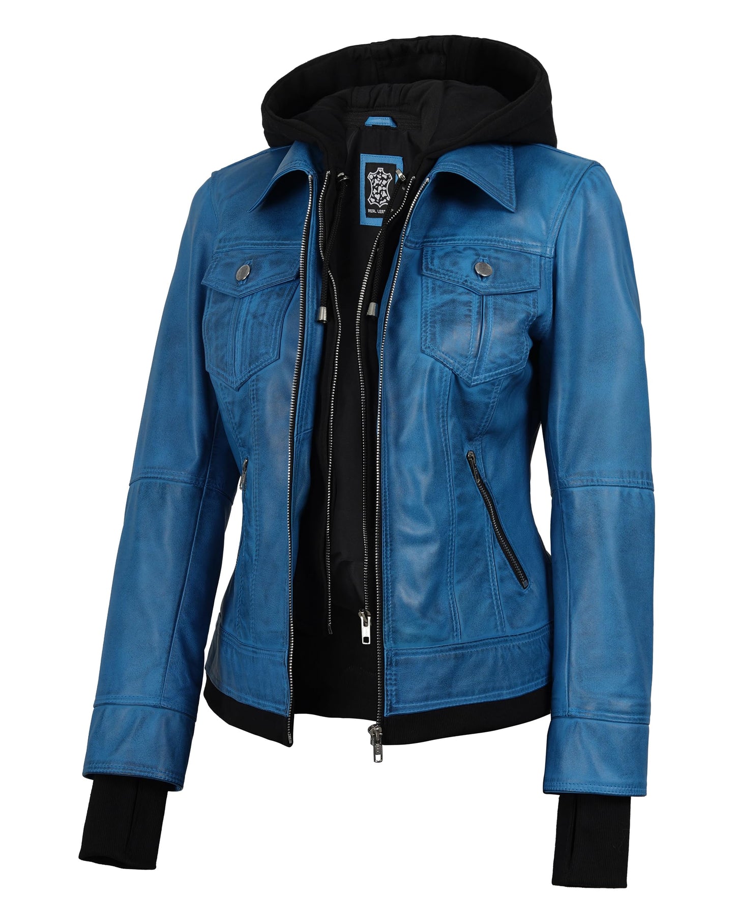 Blingsoul Womens Real Leather Jacket With Hood | [1332243] Betty Vivid Blue, M