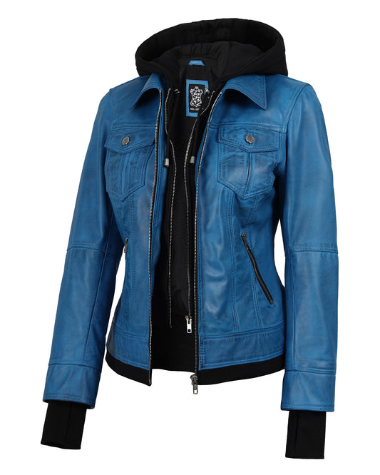 Blingsoul Womens Real Leather Jacket With Hood | [1332243] Betty Vivid Blue, M