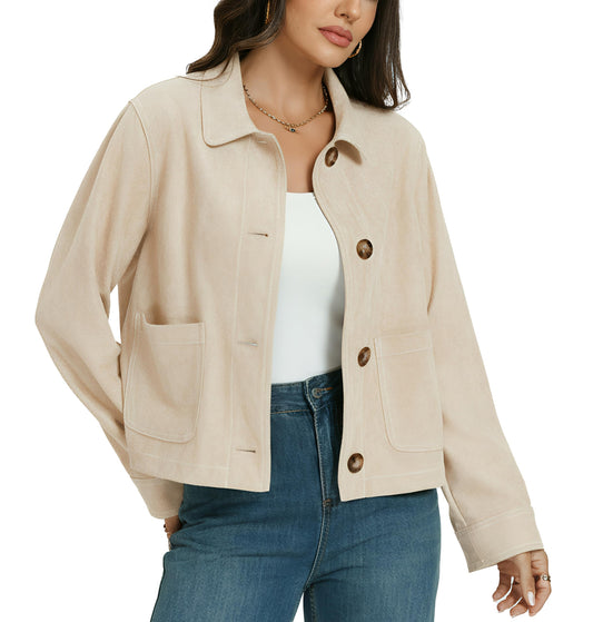 Ladyful Womens Faux Suede Bomber Jacket Cropped Dressy Fall Casual Button Down Leather Coat Outerwear