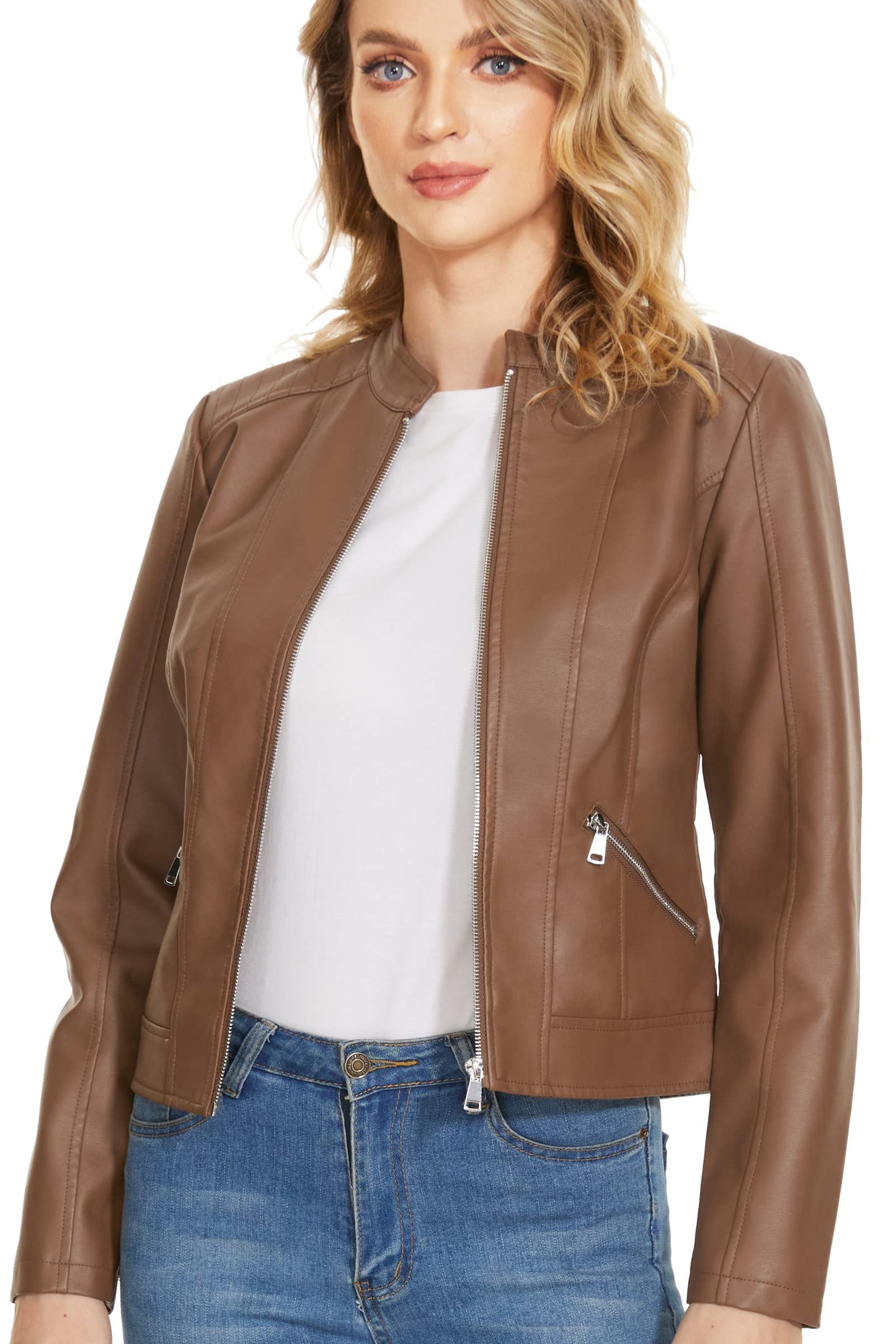 Fahsyee Women's Faux Leather Jackets, Camel Crop Petite Zip Up Motorcycle Short PU Moto Biker Outwear Stand Collar Fitted Slim Coat, Size L