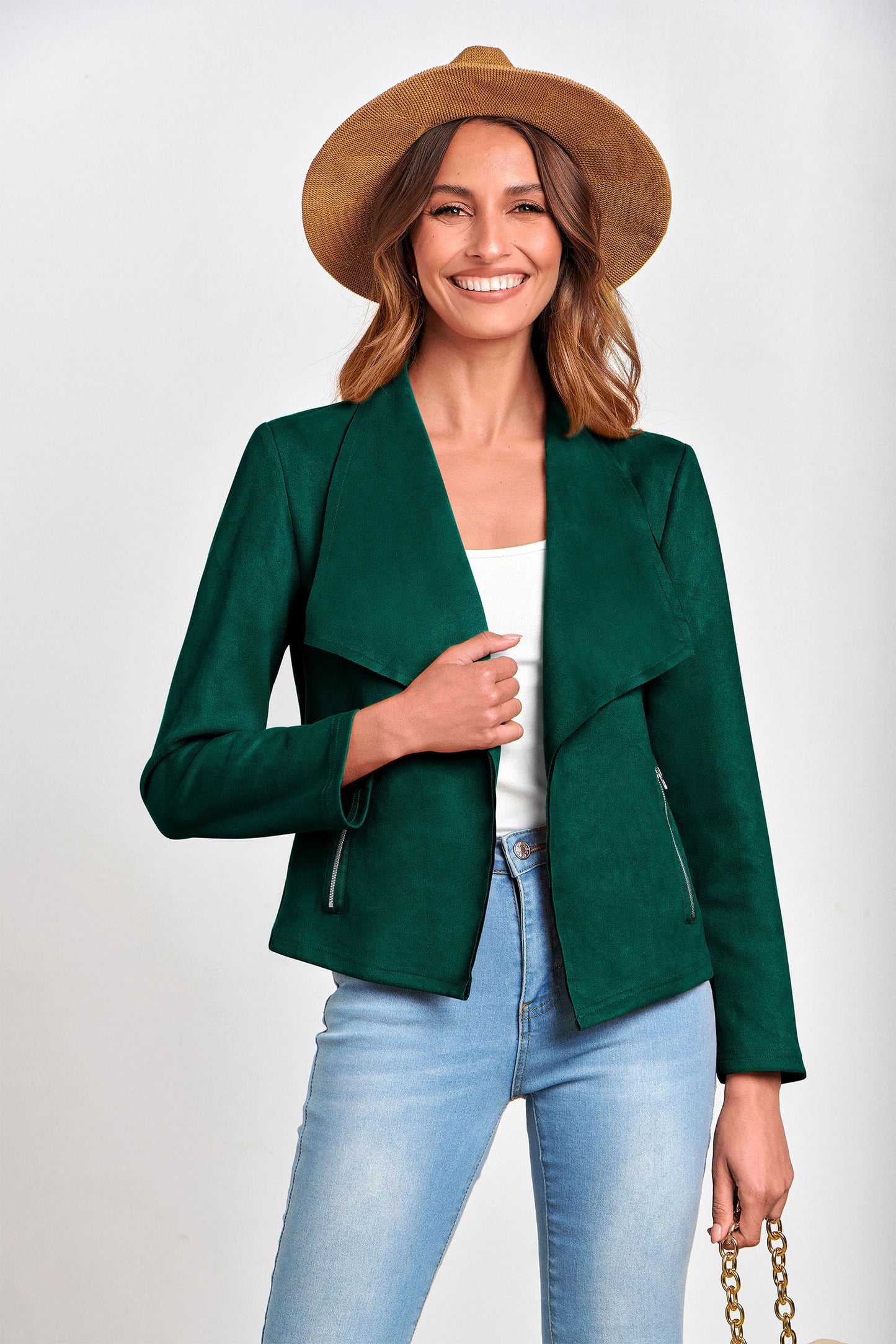 PRETTYGARDEN Women's Faux Suede Jackets 2026 Fashion Fall Clothes Long Sleeve Open Front Cropped Coat Outwear (Dark Green,Large)