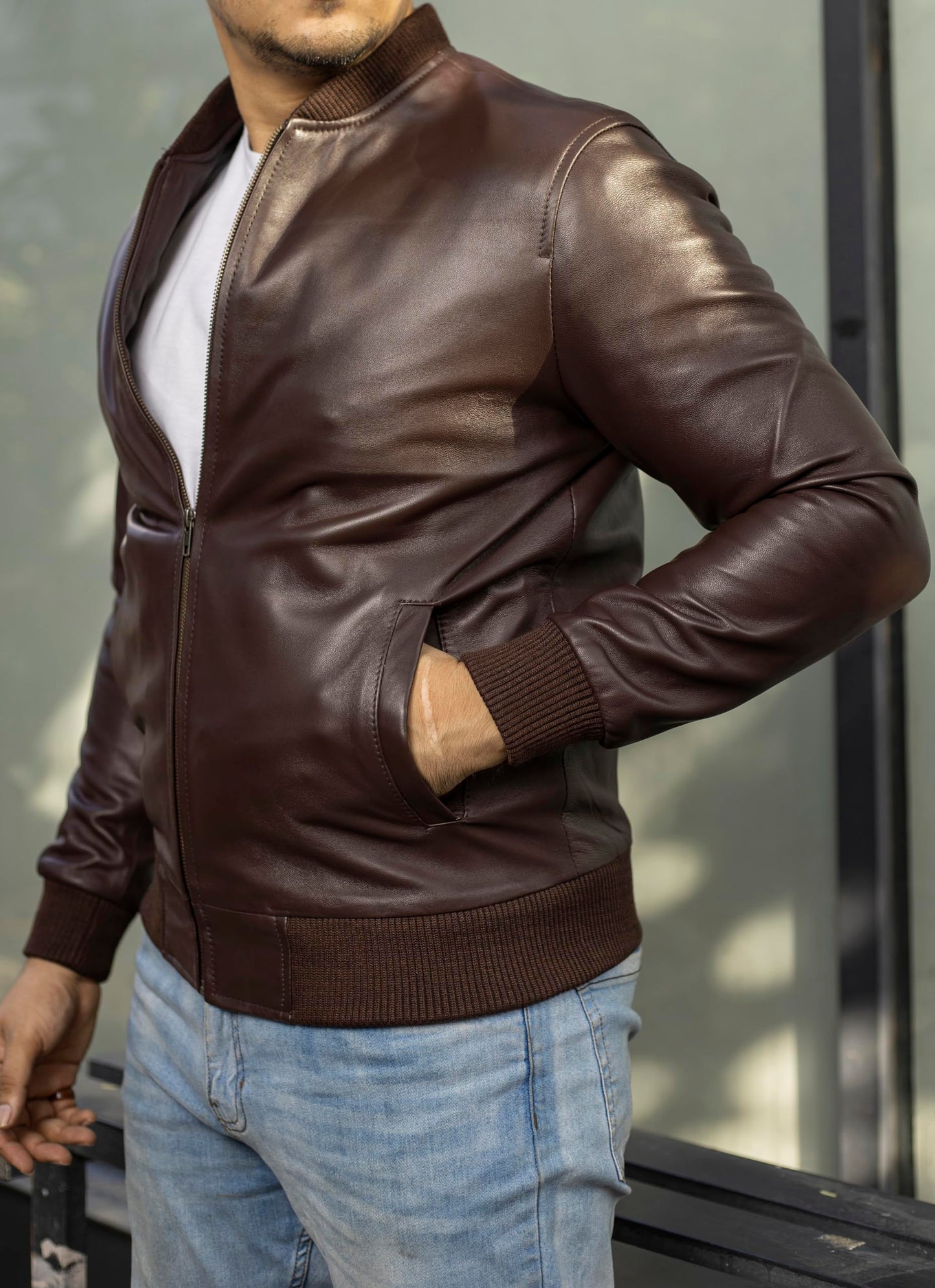 Jild Varsity Style Leather Bomber Jacket Men - Genuine Lambskin Men's Casual Fashion Classic MA-1 Leather Jacket (Rib-Brn-M)