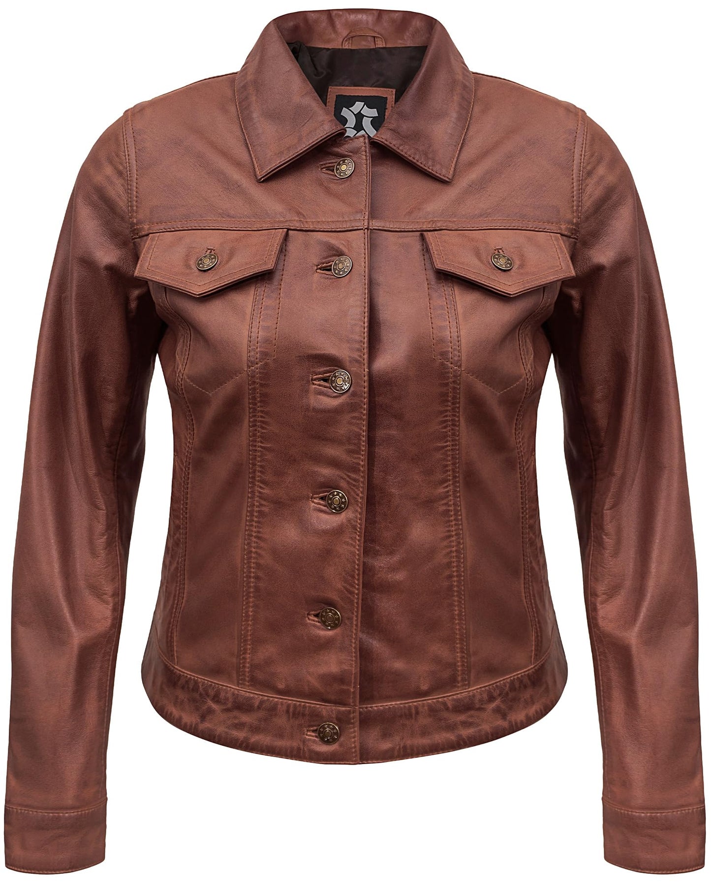 UrbanFocal Real Lambskin Outerwear Womens Leather Jacket - Vintage Motorcycle Jacket Women | [101007303] F.Trucker Brown, M