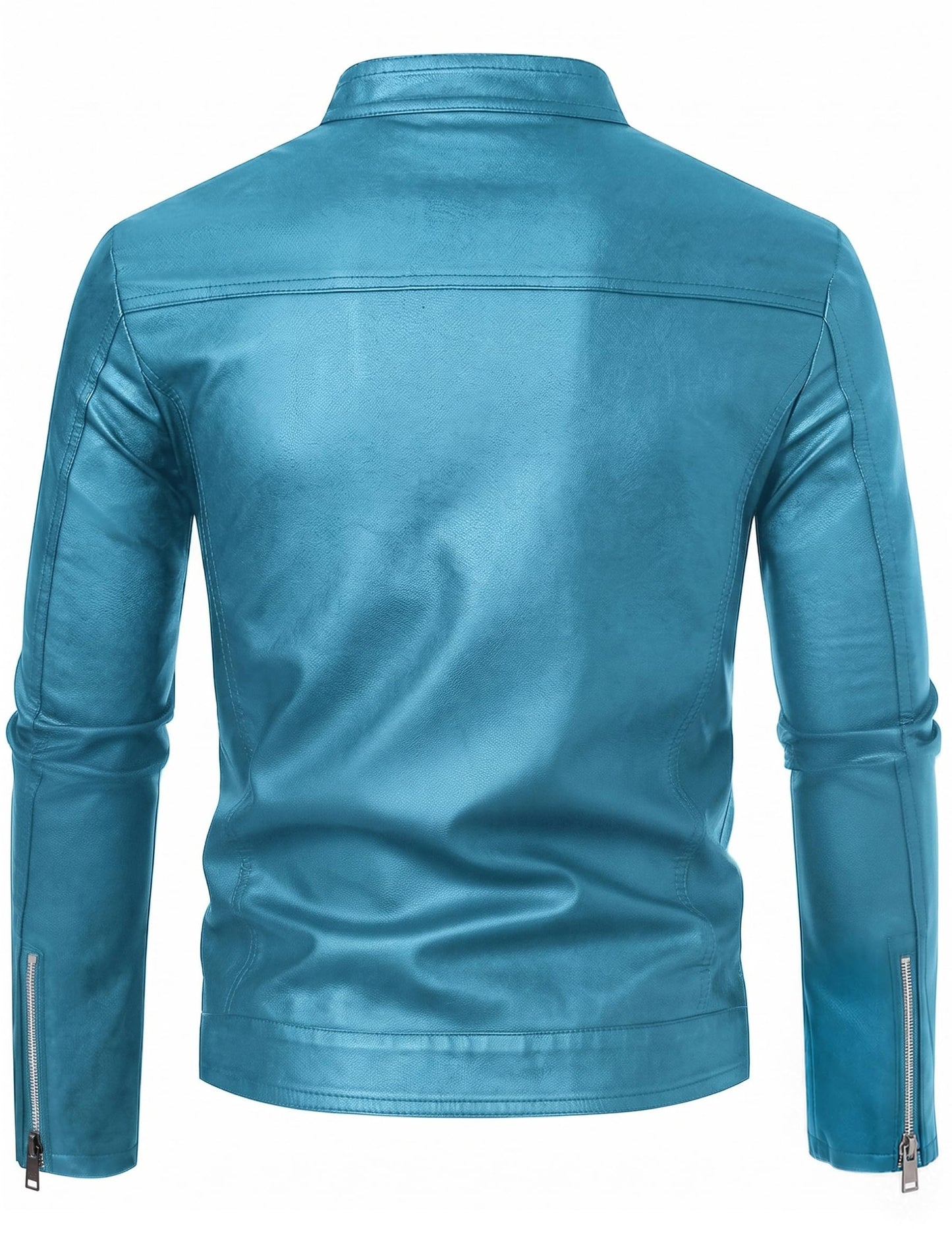 Blue Leather Jacket Men Faux Leather Motorcycle Stand Collar Biker Coat L