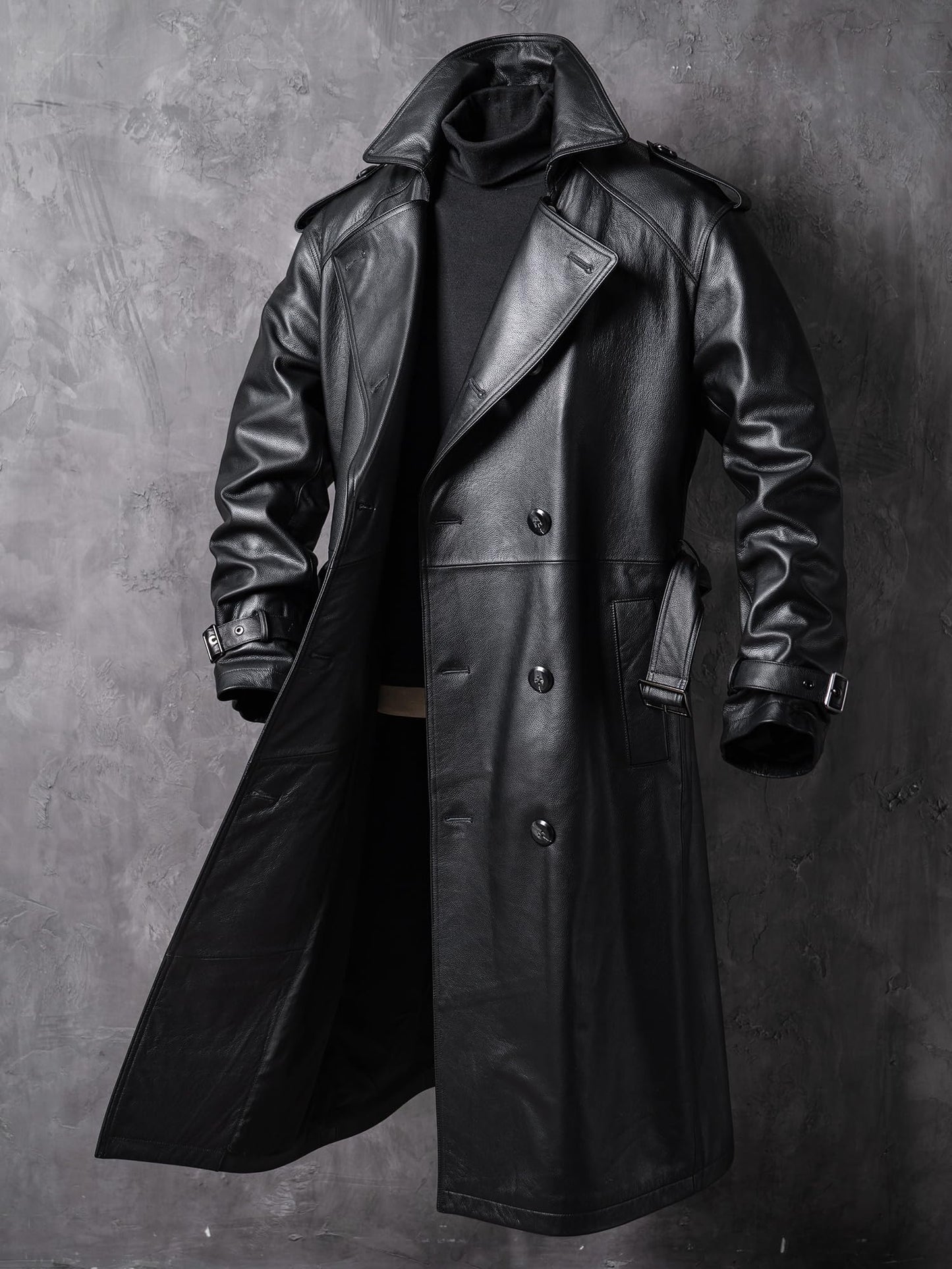 WPKDS Men's Genuine Leather Trench Coat, Mid-Length Double Breasted with Belt, Leather Overcoat Jacket (US, Alpha, XX-Large, Regular, Regular, Black)