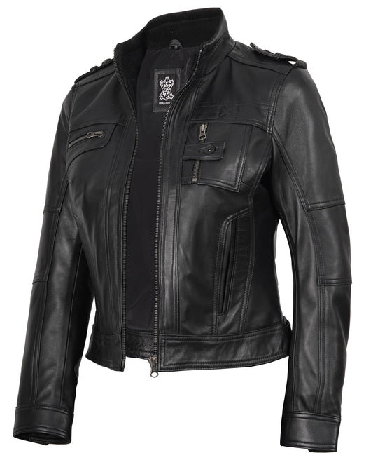 Decrum Café Racer Leather Jacket Women | [1314245] Tavres Black, XL