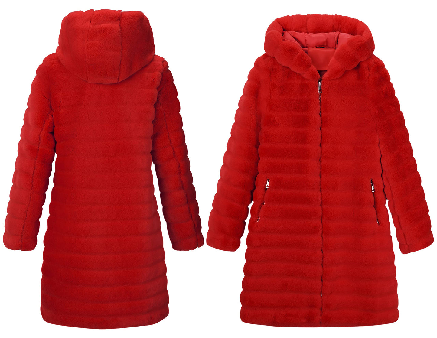 RISISSIDA Women Long Faux Fur Coat Fuzzy Jacket with Hood Fleece Winter Fall Thermal Shearling Warm Fluffy Furry Overcoat B Red 120757A X-L