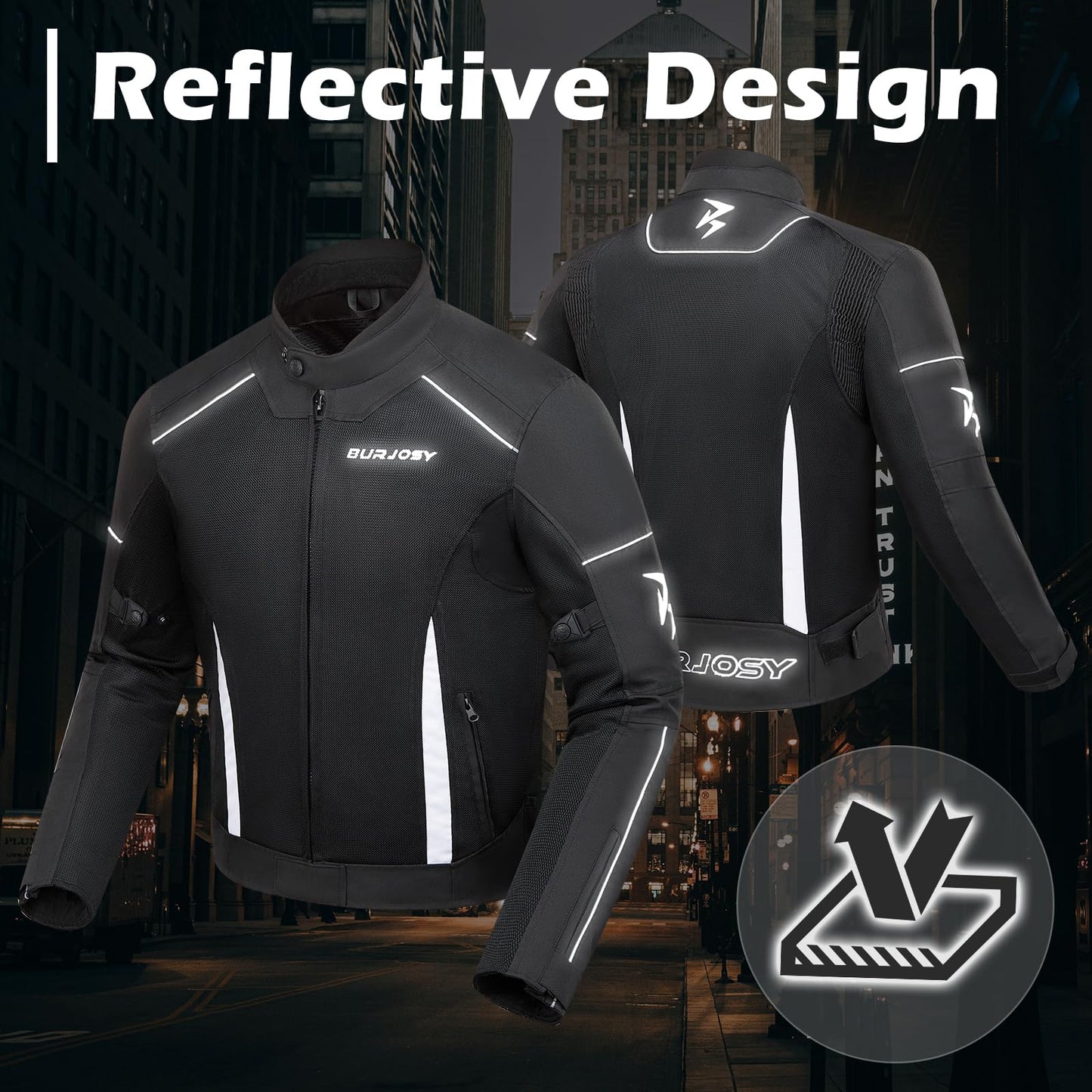 Burjosy Mesh Motorcycle Jacket for Men, Summer Motorbike Biker Jacket, Reflective Lightweight Breathable Riding Jacket Protective Gear Armored