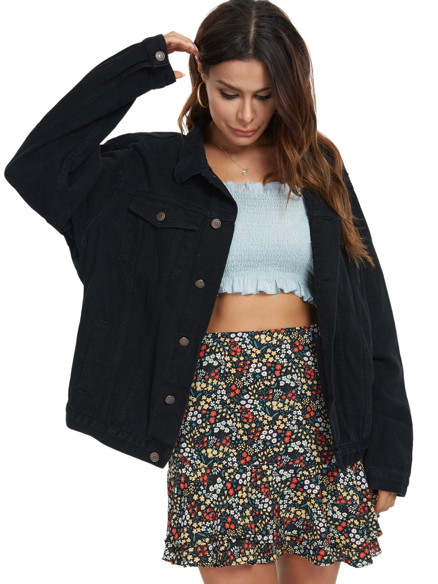 Just Quella Jean Jacket Women Black Oversized Denim Jacket (L, Black)