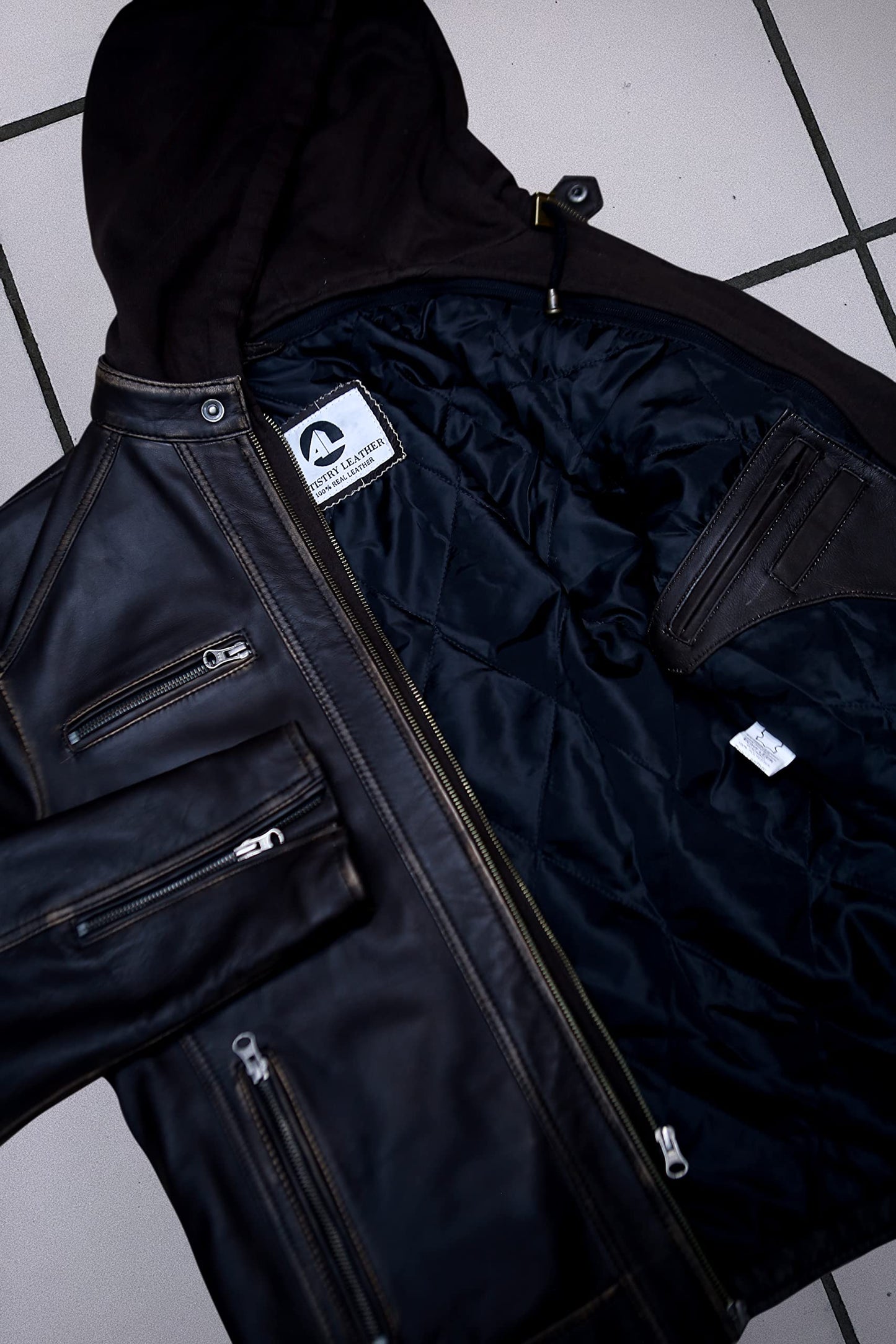 Artistry Mens Genuine Lambskin Leather Motorcycle Jacket with Removable Hood in Black Brown (Large, Distressed Brown)