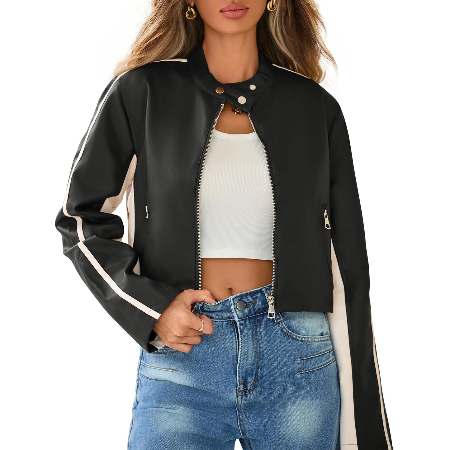 Cropped Black Faux Leather Jacket Women Biker Motorcycle Bomber Leather Jacket Women Fall Clothes Zip Up Moto PU Coats S