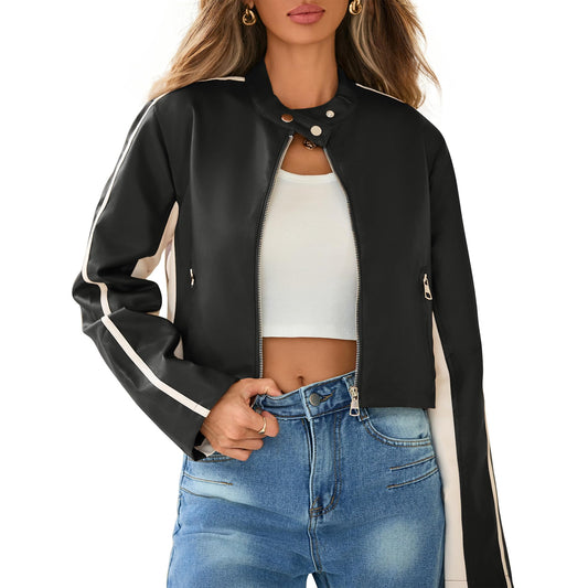 Cropped Black Faux Leather Jacket Women Biker Motorcycle Bomber Leather Jacket Women Fall Clothes Zip Up Moto PU Coats S