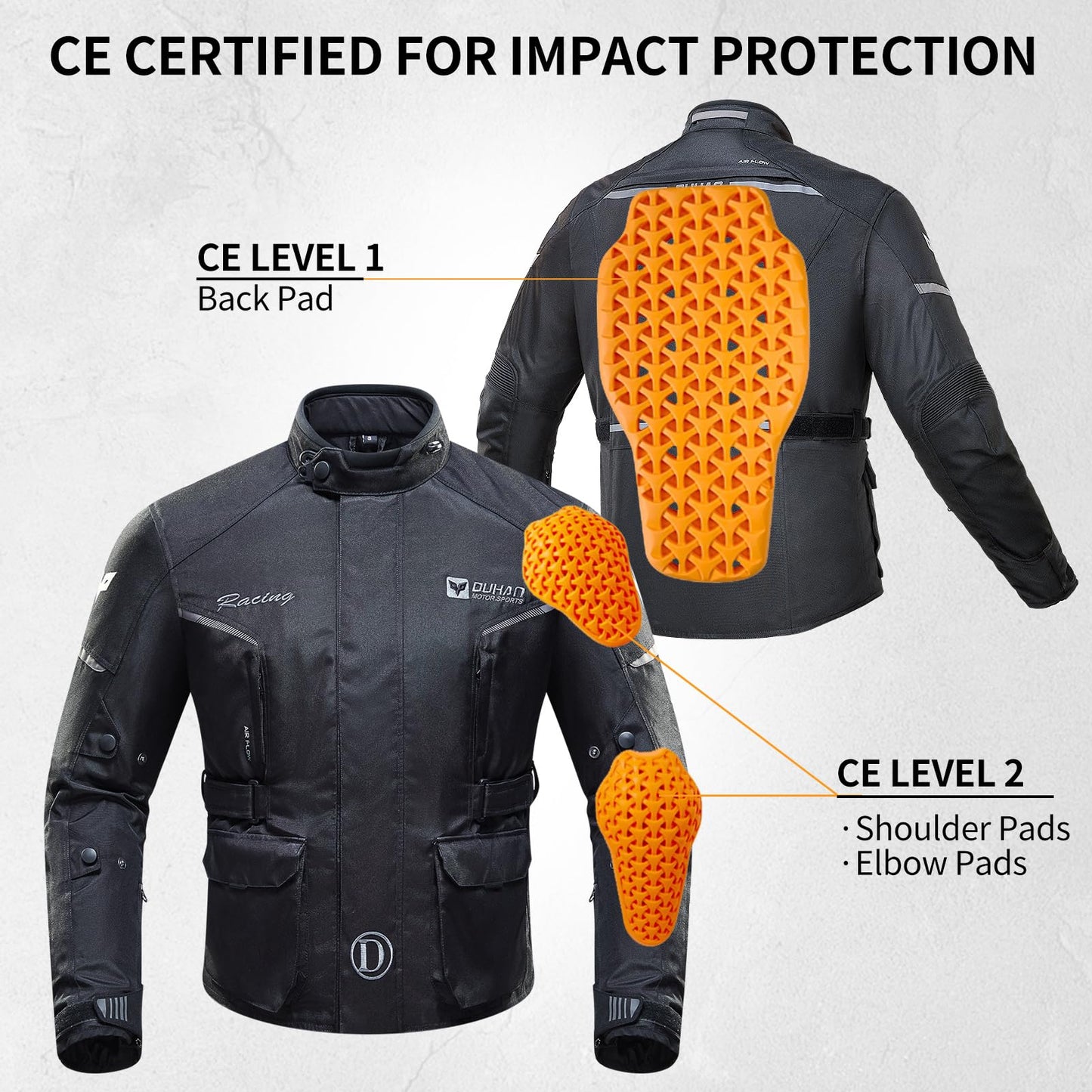 DUHAN Motorcycle Jacket Men, Waterproof Motorcycle Riding Jacket CE Level 2 Armor 3 In 1 Windproof biker Jacket Reflective with Detachable Thermal Liner for All Season Motorbike/Motorcross/Mtb/ADV