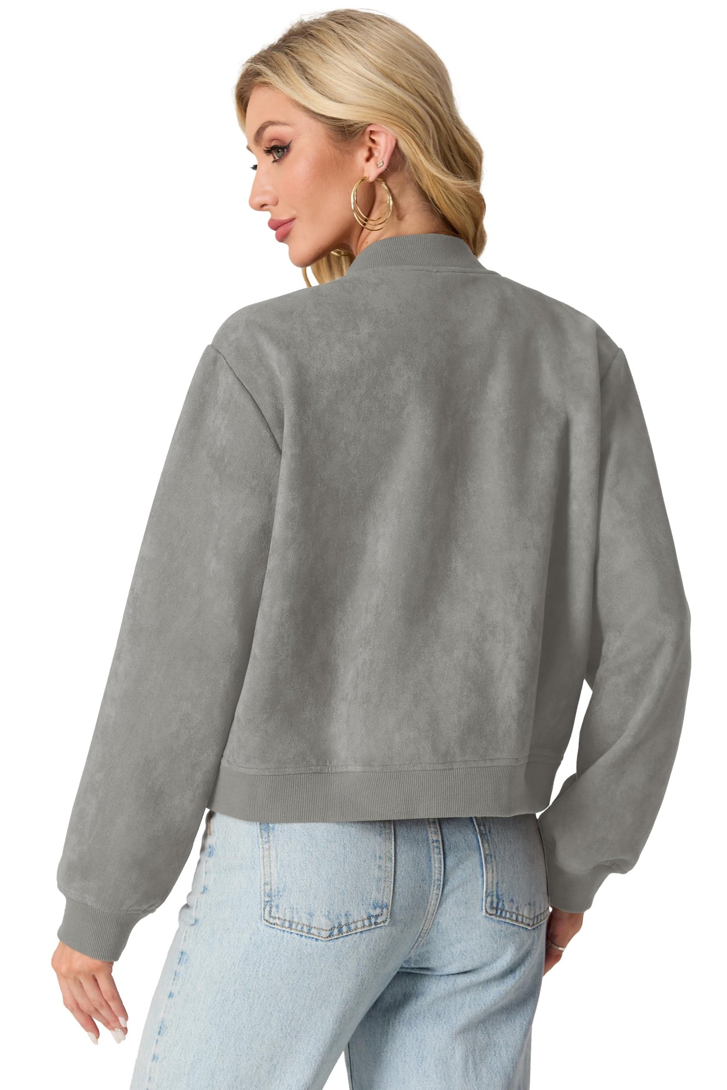 GRECERELLE Womens Bomber Jacket Cropped Button Down Varsity Jacket Long Sleeve Casual Outwear With Pockets (Grey, Medium)