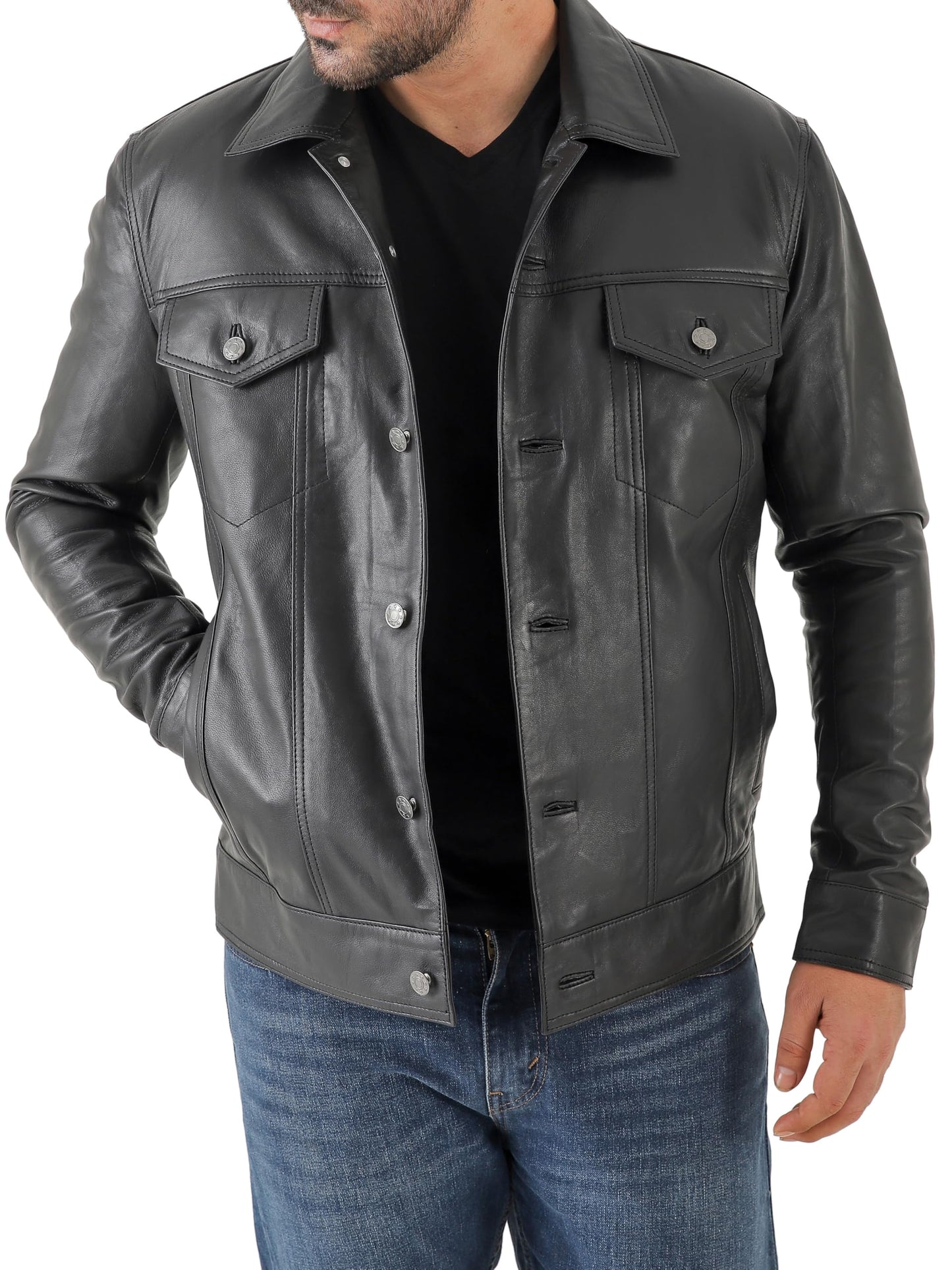 Jild Classic Trucker Fashion Leather Jacket Men - Premium Suede Leather Shirt Style Coat Jacket (Trkr-Blk-L)