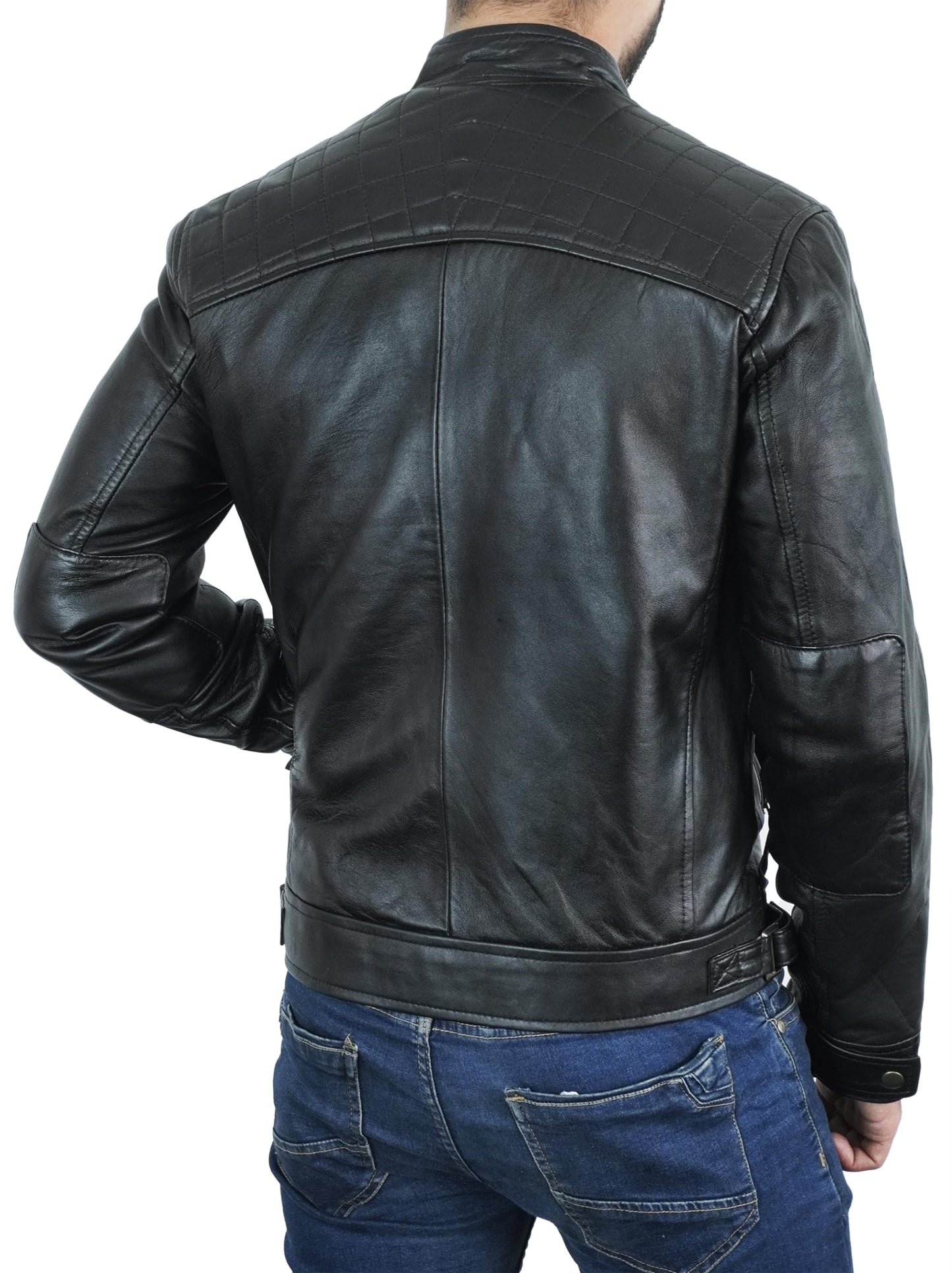 STOREJEES Mens Black Leather Jacket | Diamond Black - XS