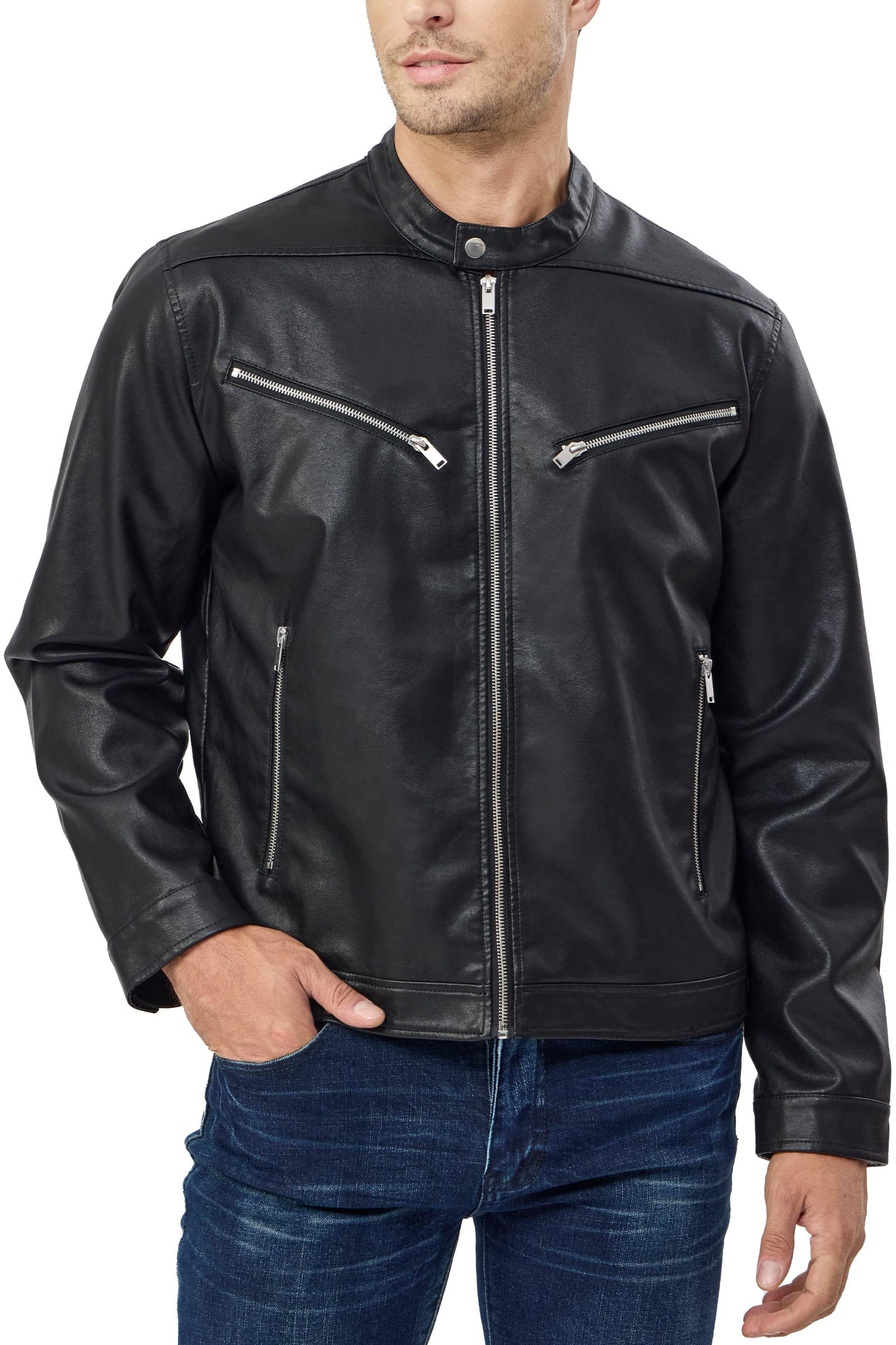 Fahsyee Faux Leather Jacket Men - Black Bomber Jackets Motorcycle Stand Collar Lightweight Zip-Up Slim Fit Biker Coat S