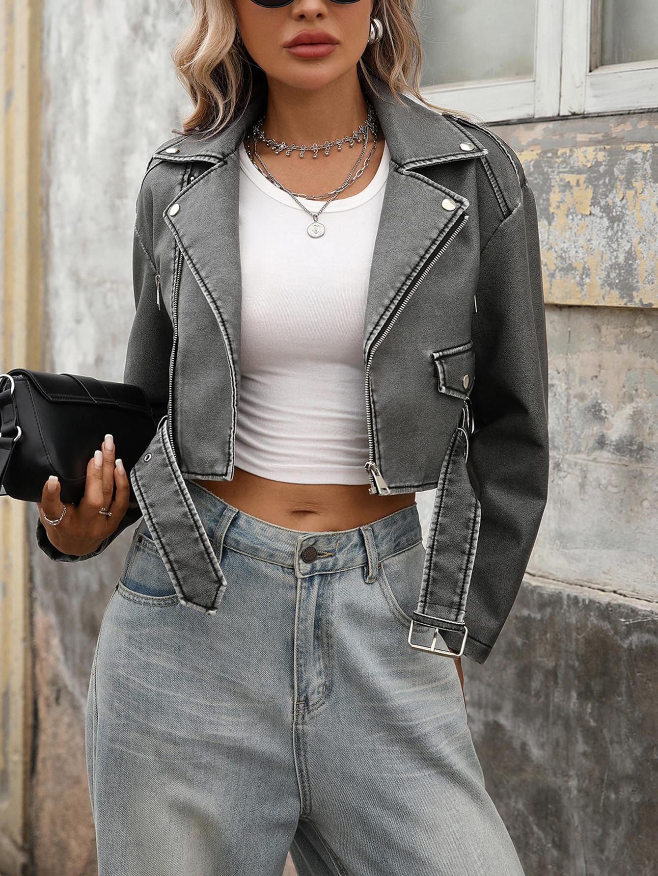 LY VAREY LIN Women Faux Leather Cropped Jacket Bomber Aviator Motor Biker Coat with Belt