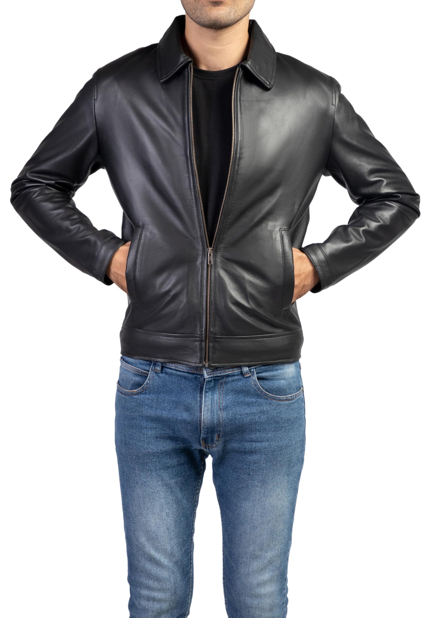 Jild Polo Collar Premium Leather Jacket Men - Old School Classic Style Everyday Wear Real Lambskin Mens Leather Jacket (Polo-Blk-M)
