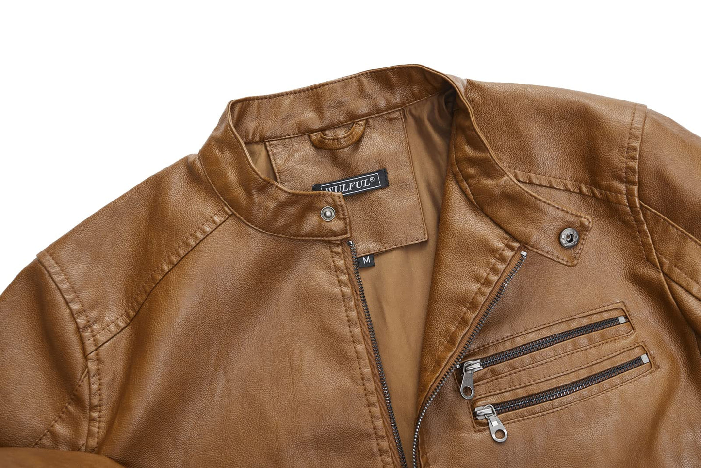 WULFUL Men's Stand Collar Leather Jacket Motorcycle Lightweight Faux Leather Outwear