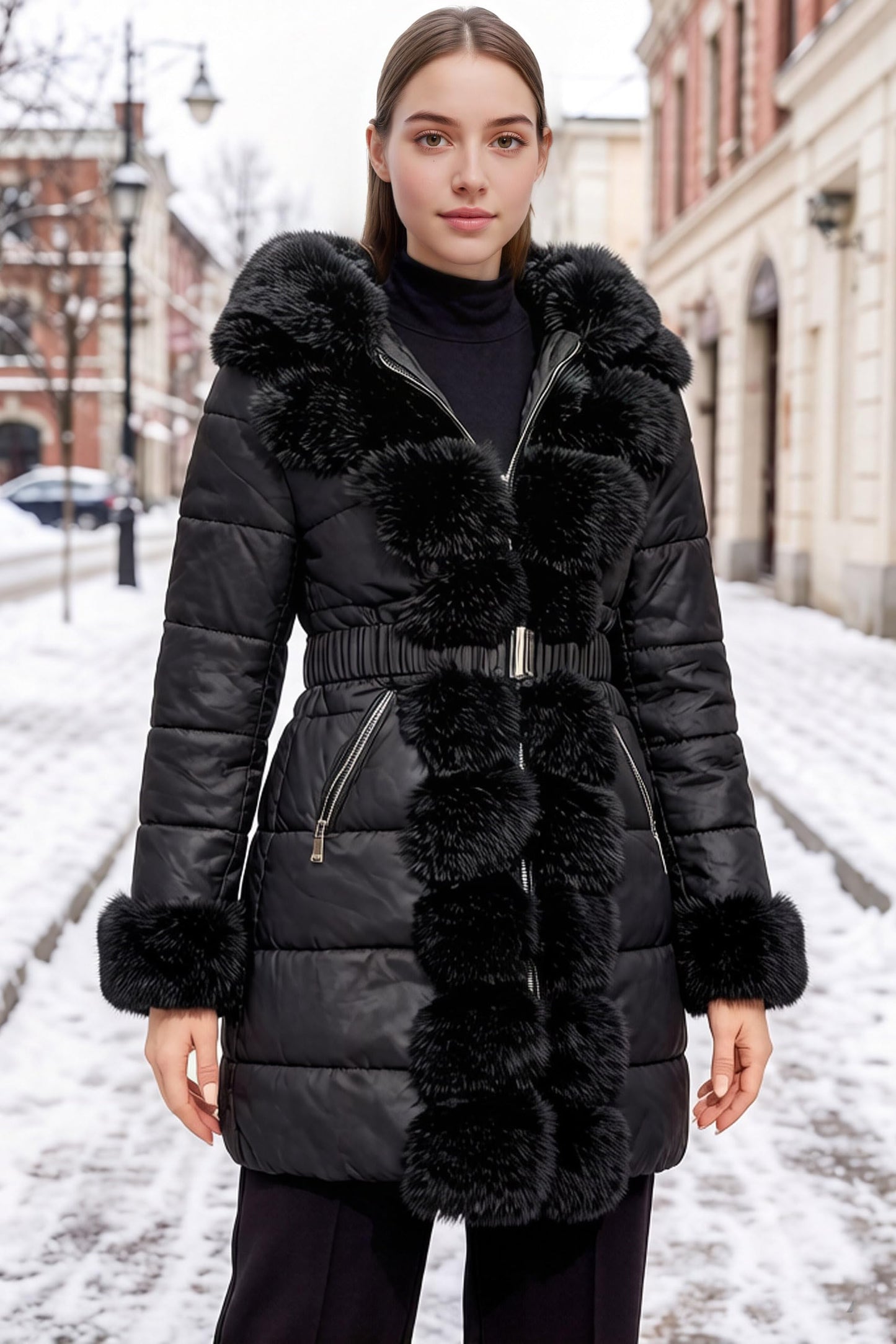RISISSIDA Puffer Coat Women Winter Down Faux Fur Lined Puffy Jacket with Long Collar Hood, Thicken Quilted Warm Leather Bubble Overcoat Black X-L