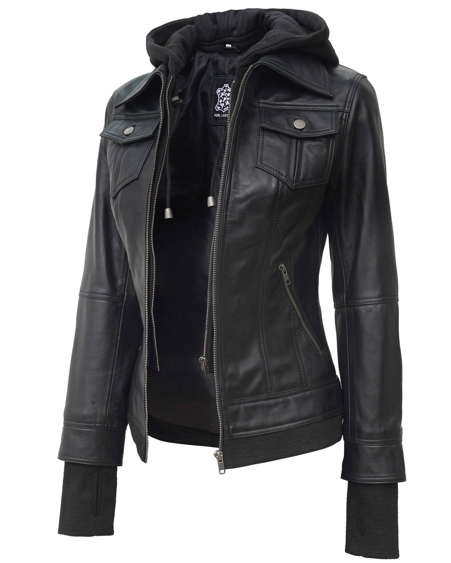 fjackets Leather Jackets For Women - Removable Hood Real Lambskin Leather Jacket Women - Betty Black Hooded Jacket | [1309193] M