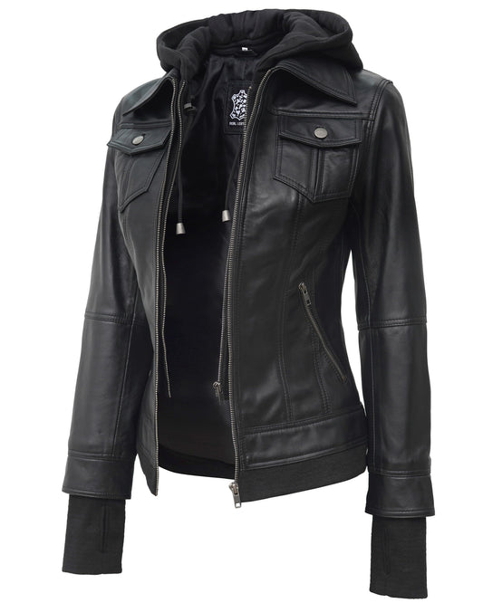 fjackets Leather Jackets For Women - Removable Hood Real Lambskin Leather Jacket Women - Betty Black Hooded Jacket | [1309193] M