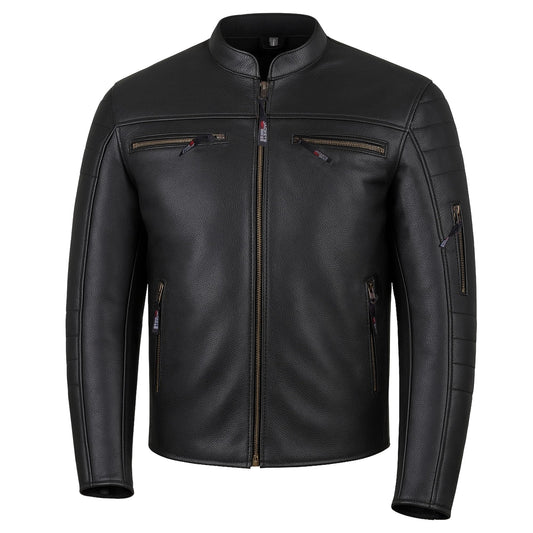 REVOLT Men's Motorcycle Jacket, Natural Buffalo Leather, CE Armor - Ventilation, Cruiser Motorbiker Touring Biker Black L