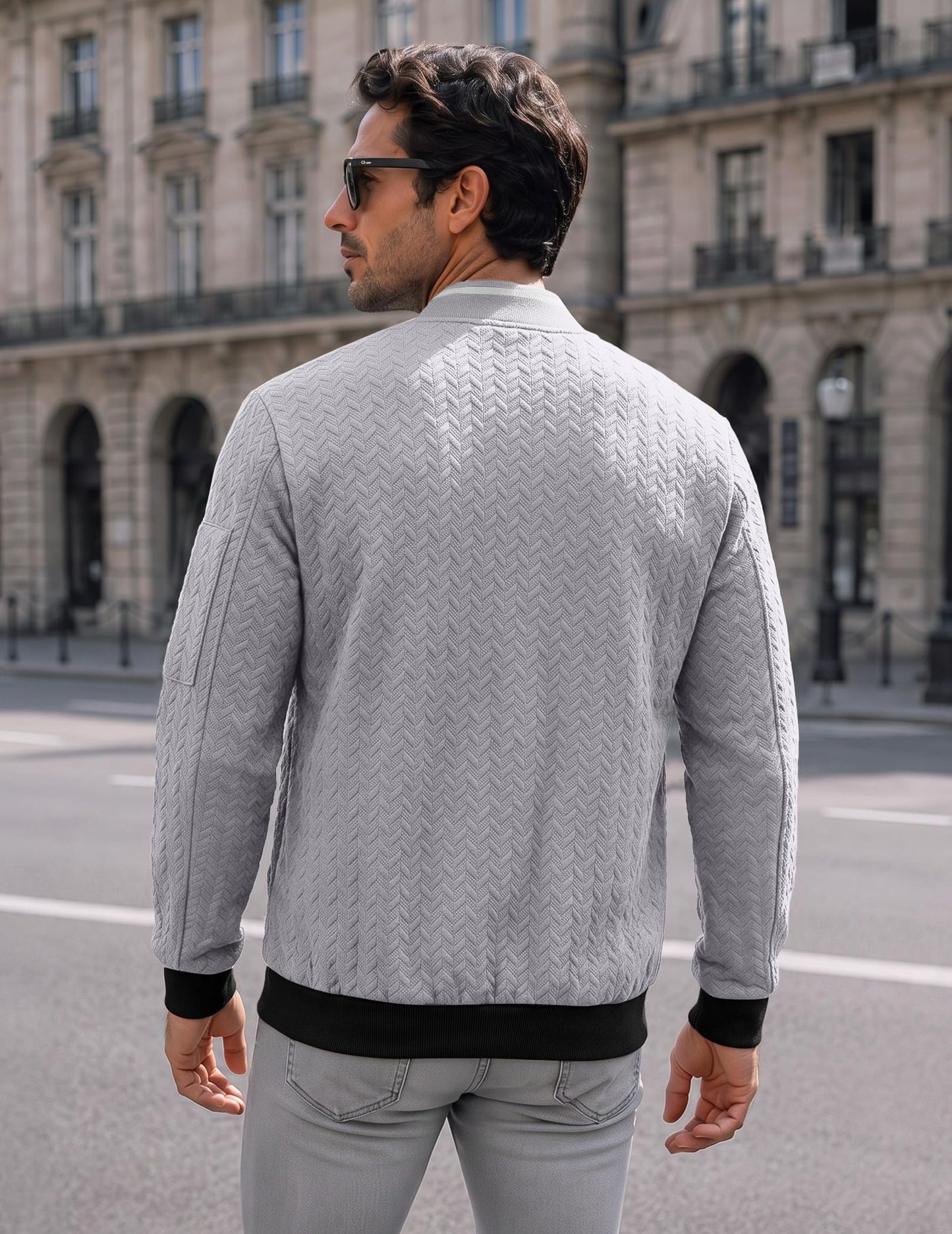 JMIERR Men's Textured Full Zip Bomber Jacket Multi Pockets,Grey,S