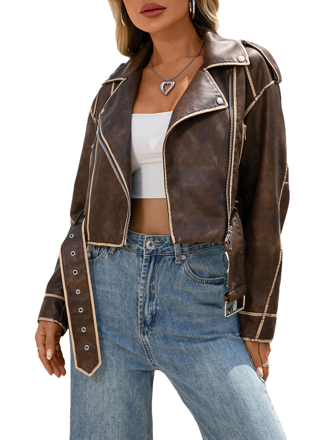 LY VAREY LIN Women Faux Leather Cropped Jacket Lapel Zipper Biker Short Coat with Belt